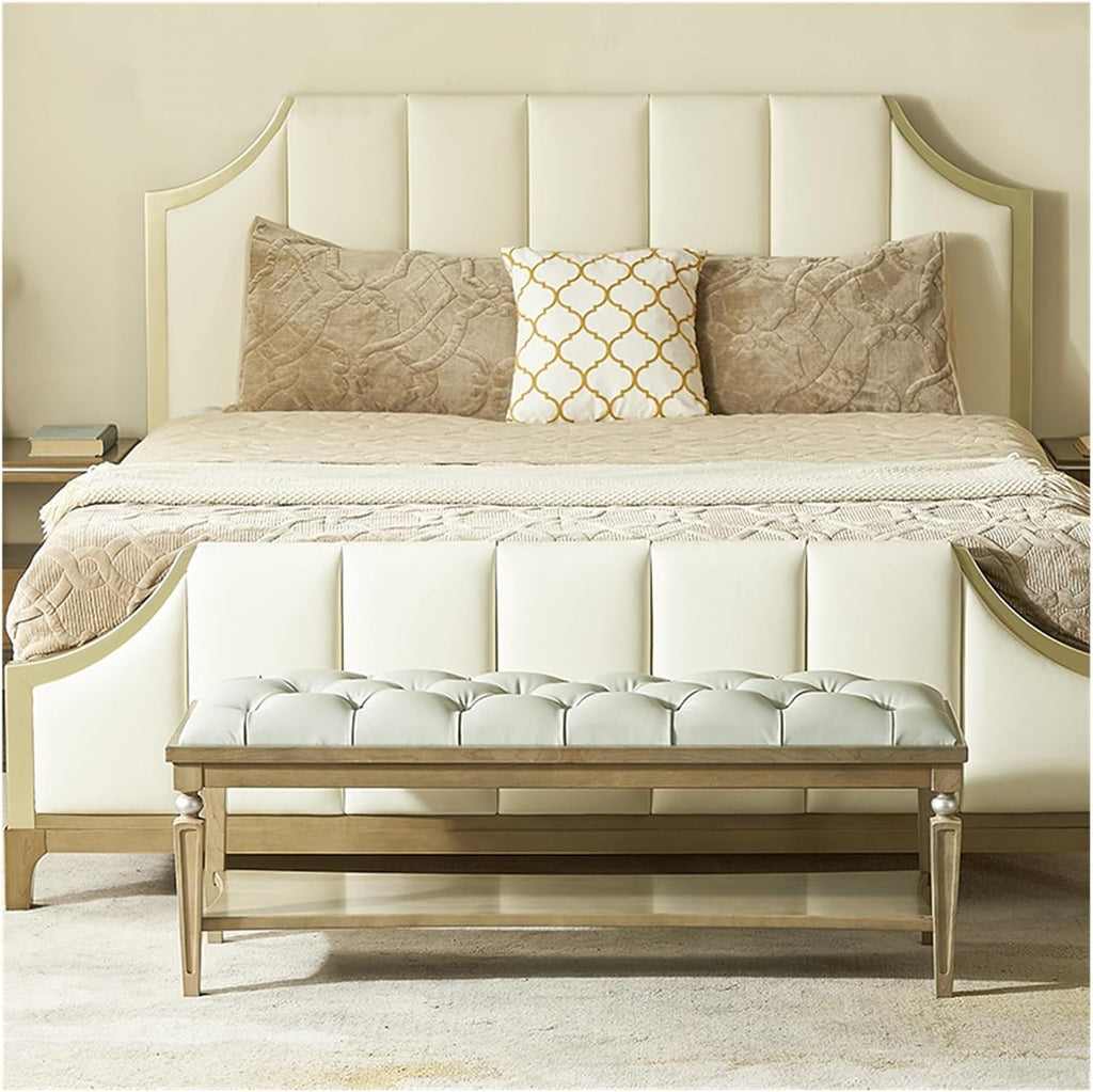 End of Bed Bench Upholstered Bench,Bedroom Bench for End of Bed, Dining Bench Entryway Shoe Bench with Button Tufted Padded Seat for Living Room, Vanity Bench Foot-Stool with Carved Wood Legs, Gray En