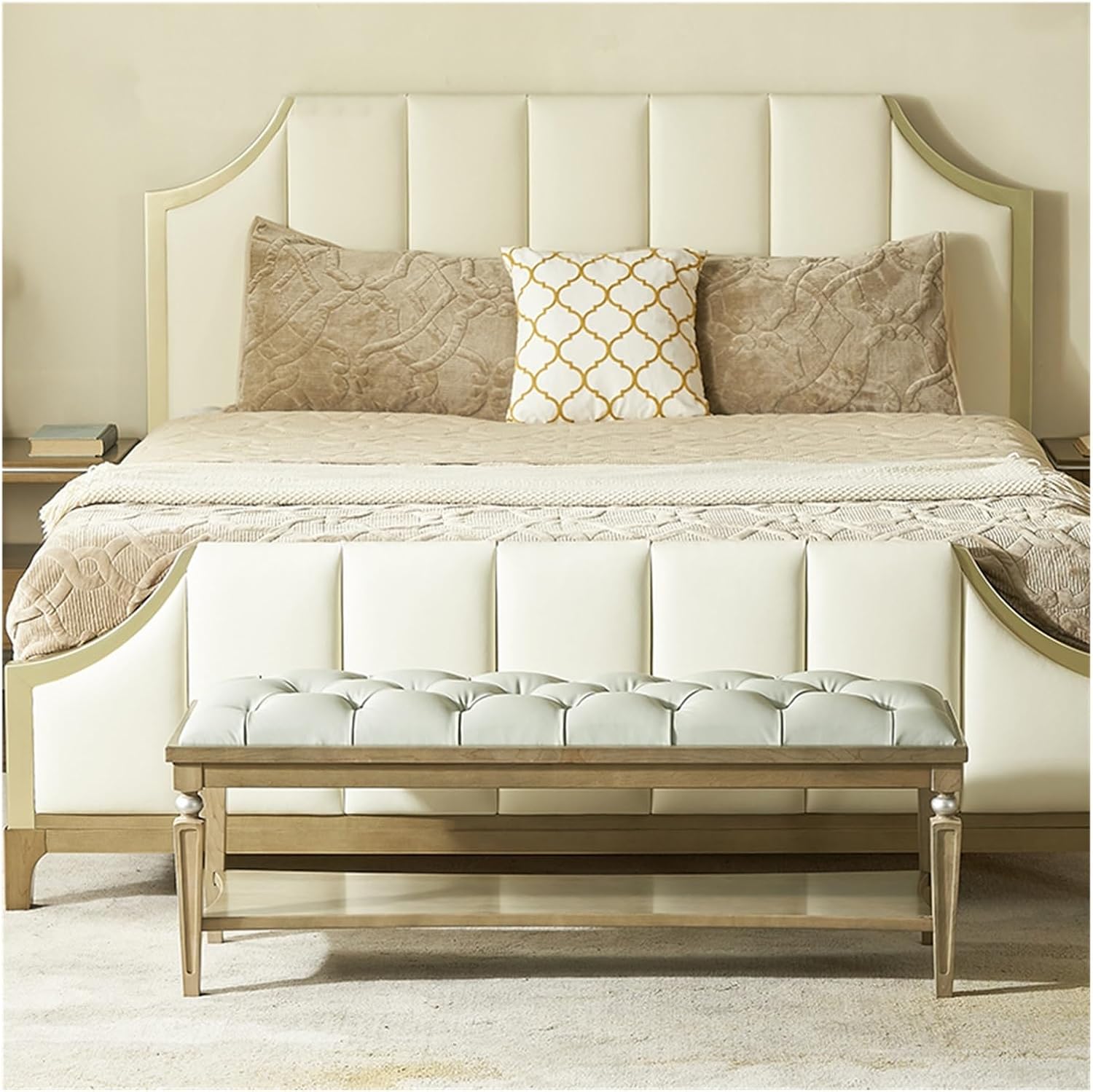 End of Bed Bench Upholstered Bench,Bedroom Bench for End of Bed, Dining Bench Entryway Shoe Bench with Button Tufted Padded Seat for Living Room, Vanity Bench Foot-Stool with Carved Wood Legs, Gray En
