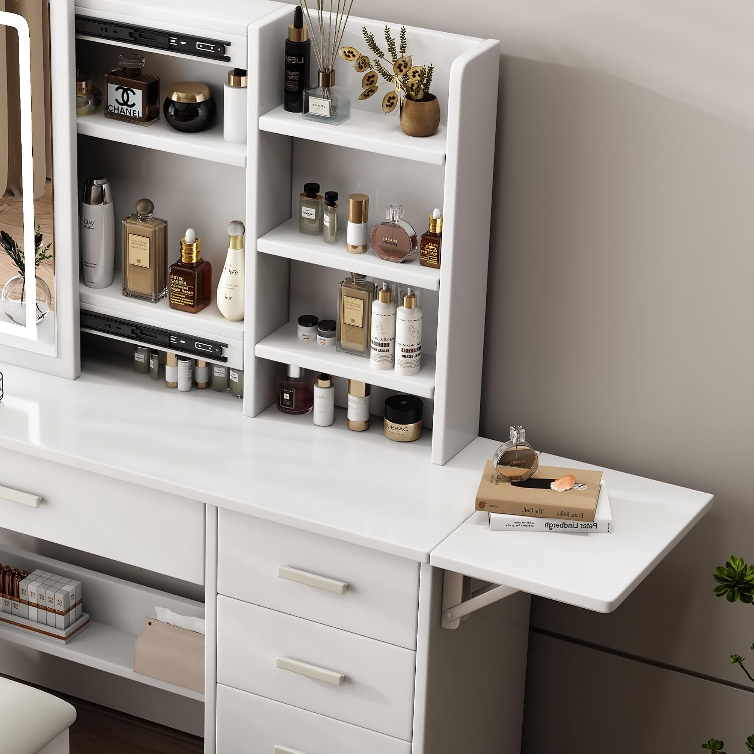43.3' Vanity Desk with Mirror and Lights, Sliding 3 Colors Lighted Mirror, Vanity Desk Set with Stool, 5 Drawers and Foldable Table Board, to Store Jewelry and Makeup for Bedroom&Dressing Room