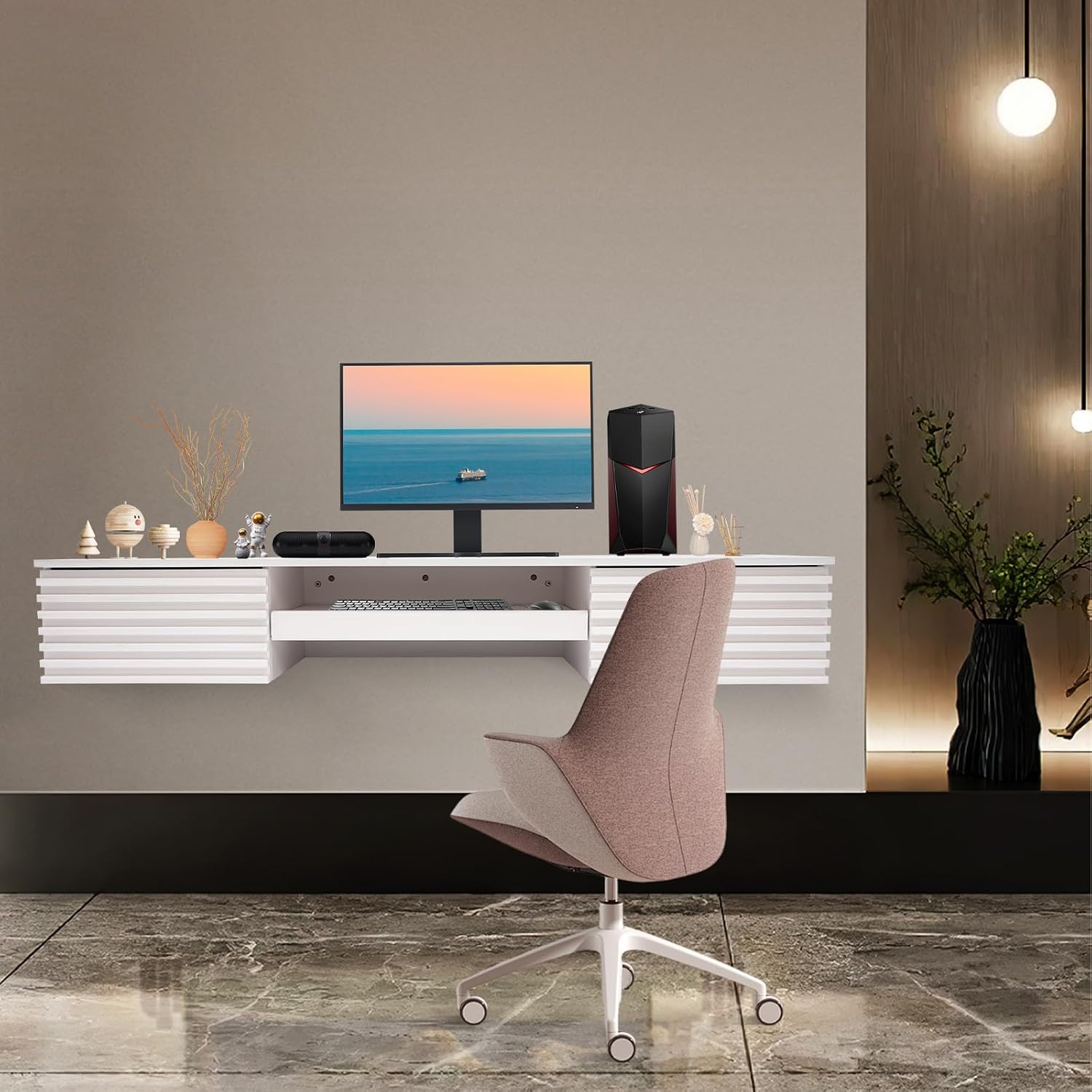 Wall Mounted Desk, Floating Work Table, Small Spaces Hanging Workbench with Pull-out 2 Drawers, Mount Computer Laptop Desks, Wall-mounted Corner Book Shelf for Bedroom Student Dormitories (White)