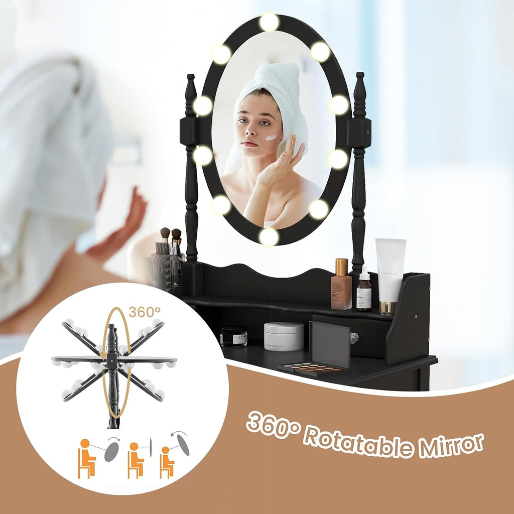 GOFLAME Vanity Table Set with Rotatable Mirror, Makeup Vanity Desk with 3-Color Dimmable LED Lights, 3 Drawers and Cushioned Stool, Dressing Table Set for Bedroom Studio (Black)