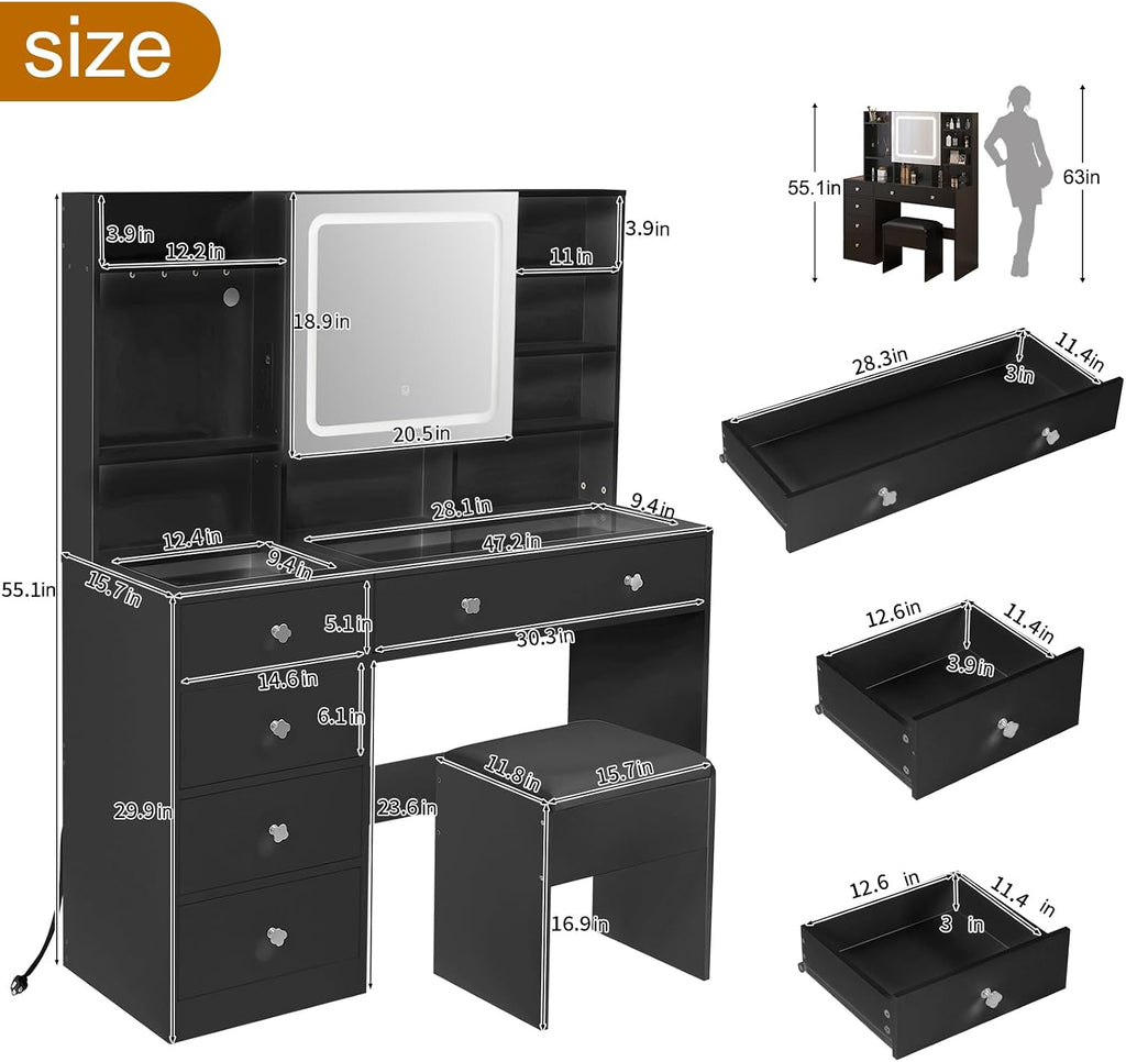 Karl home Makeup Vanity with Lighted Mirror Bedroom Vanity Desk with Charging Station Large Vanity Set with Transparent Desk, Drawers, Cabinet, Shelves for Storage in Bedroom, Black
