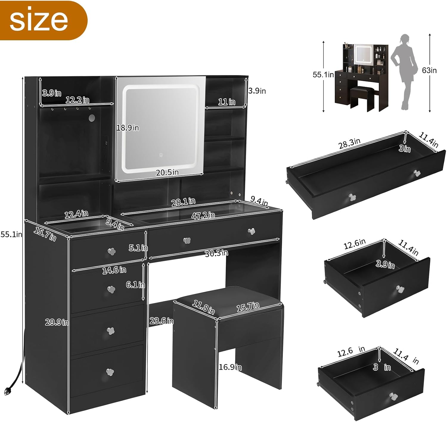 Karl home Makeup Vanity with Lighted Mirror Bedroom Vanity Desk with Charging Station Large Vanity Set with Transparent Desk, Drawers, Cabinet, Shelves for Storage in Bedroom, Black