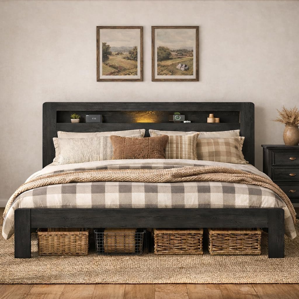 Wooden Bed Frame Full Size with Storage Headboard - Farmhouse Platform Bed Frame with Bookcase Shelf & Led Lights, Sturdy Wood Slat Framework Bed Frame (Black LED)