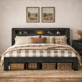Wooden Bed Frame Full Size with Storage Headboard - Farmhouse Platform Bed Frame with Bookcase Shelf & Led Lights, Sturdy Wood Slat Framework Bed Frame (Black LED)
