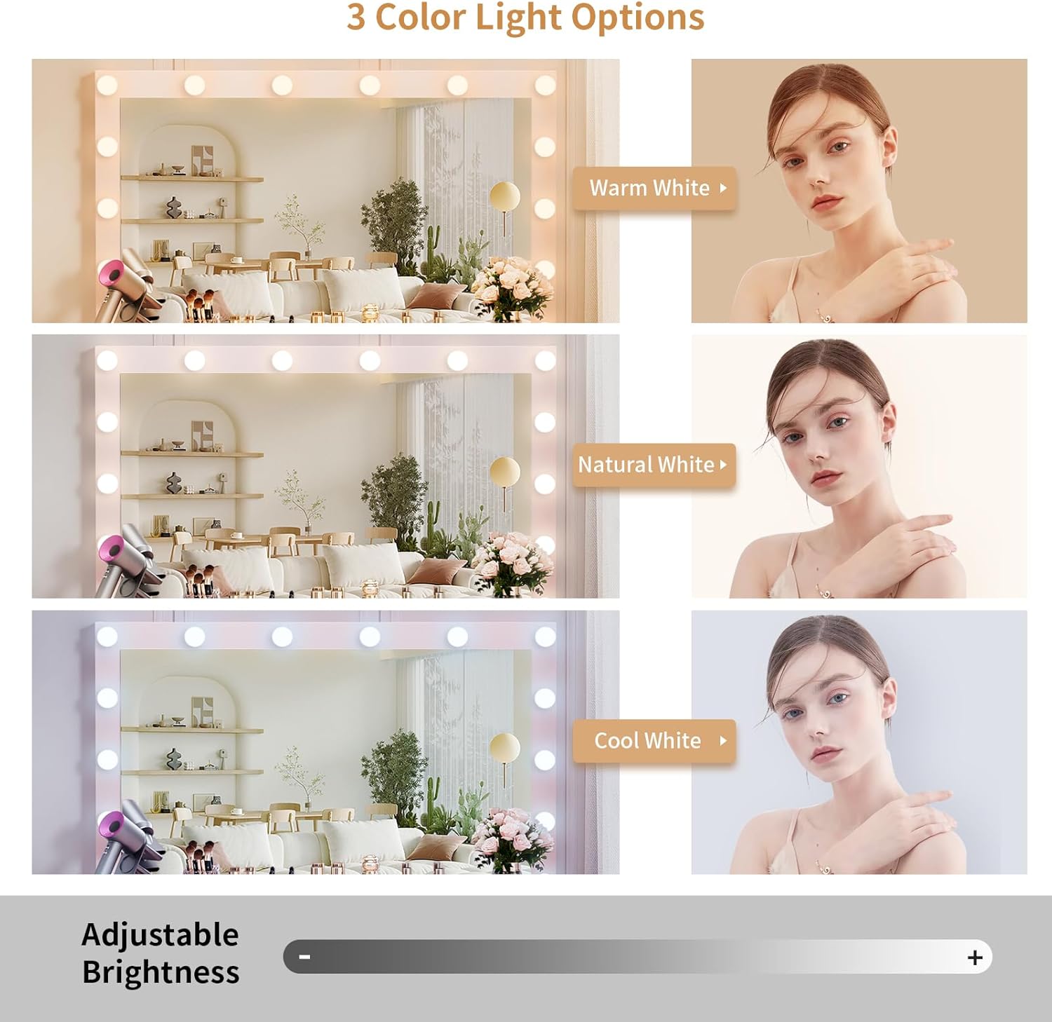 VOWNER Vanity with Lighted Mirror - Makeup Vanity Desk with Glass Top, 7 Drawers and Power Outlet, 3 Color Lighting Modes Adjustable Brightness, 44' Vanity Table with Stool for Women Girls, Pink