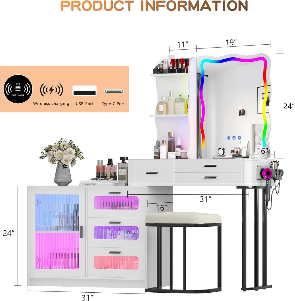 Lvifur RGB Make up Vanity Desk with Lights, Glass Top Vanity Table with 24 Color Dimmable Lights, Large Vanity Set with 8 Drawers, Dressing Table with Cushioned Stool