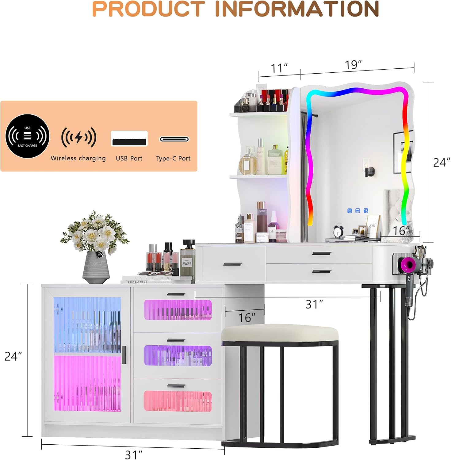Lvifur RGB Makeup Vanity Desk with Lights, Glass Top Vanity Table with 24 Color Dimmable Lights, Large Vanity Set with 8 Drawers, Dressing Table with Cushioned Stool, Gift for Girls