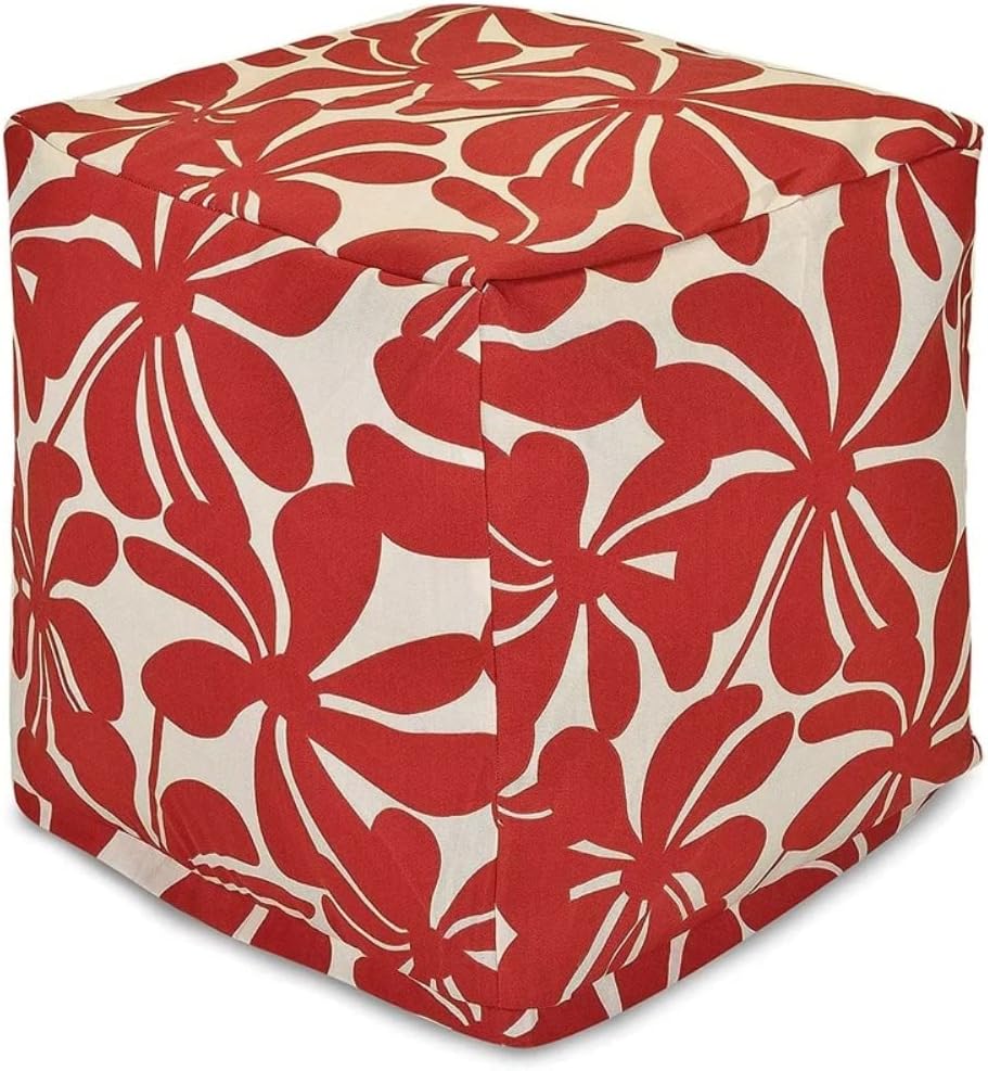 Luxurious Fluffy 17'' Wide Square Floral Pattern Cube Ottoman | UV & Fade Resistant Cozy Addition to Any Outdoor Arrangement Vanity Stool Super Soft Extra Plush Comfy Bench Patio Cherry Red Color