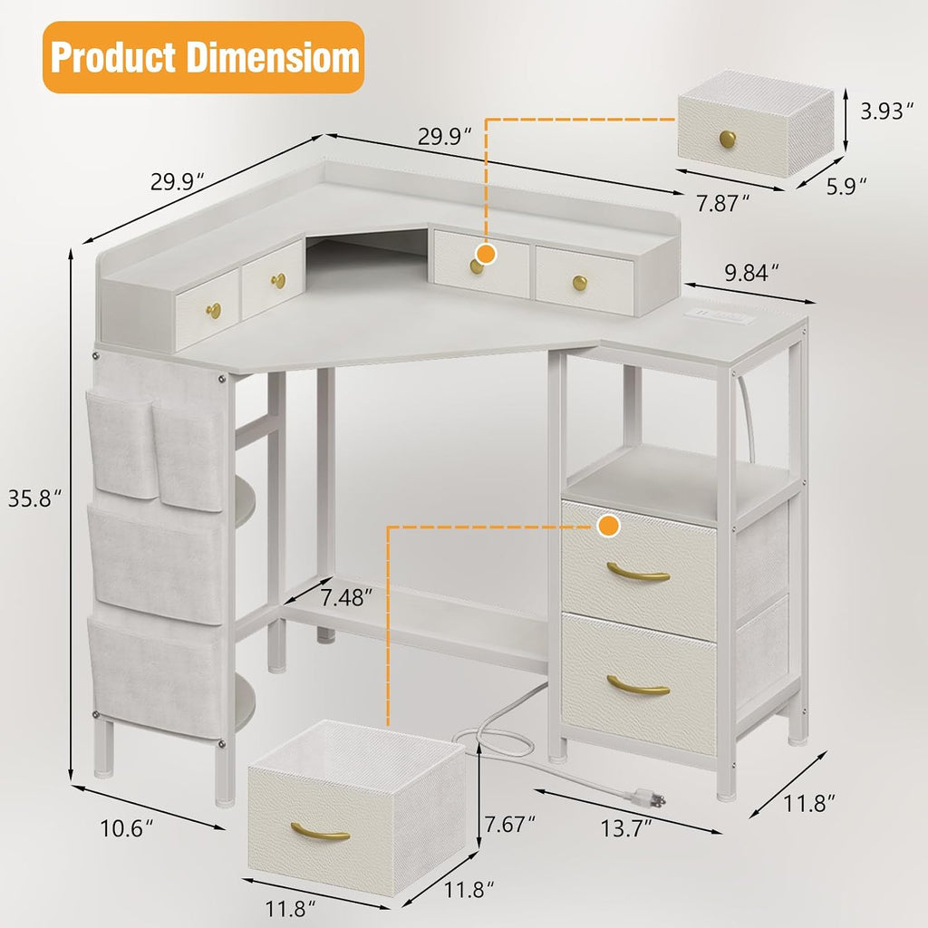 Espelism Corner Vanity Desk with Charging Station, 49.6' Makeup Table with Fabric Drawers & Side Pocket, Space-Saving Dressing Table for Small Space Bedroom Dorm(White)