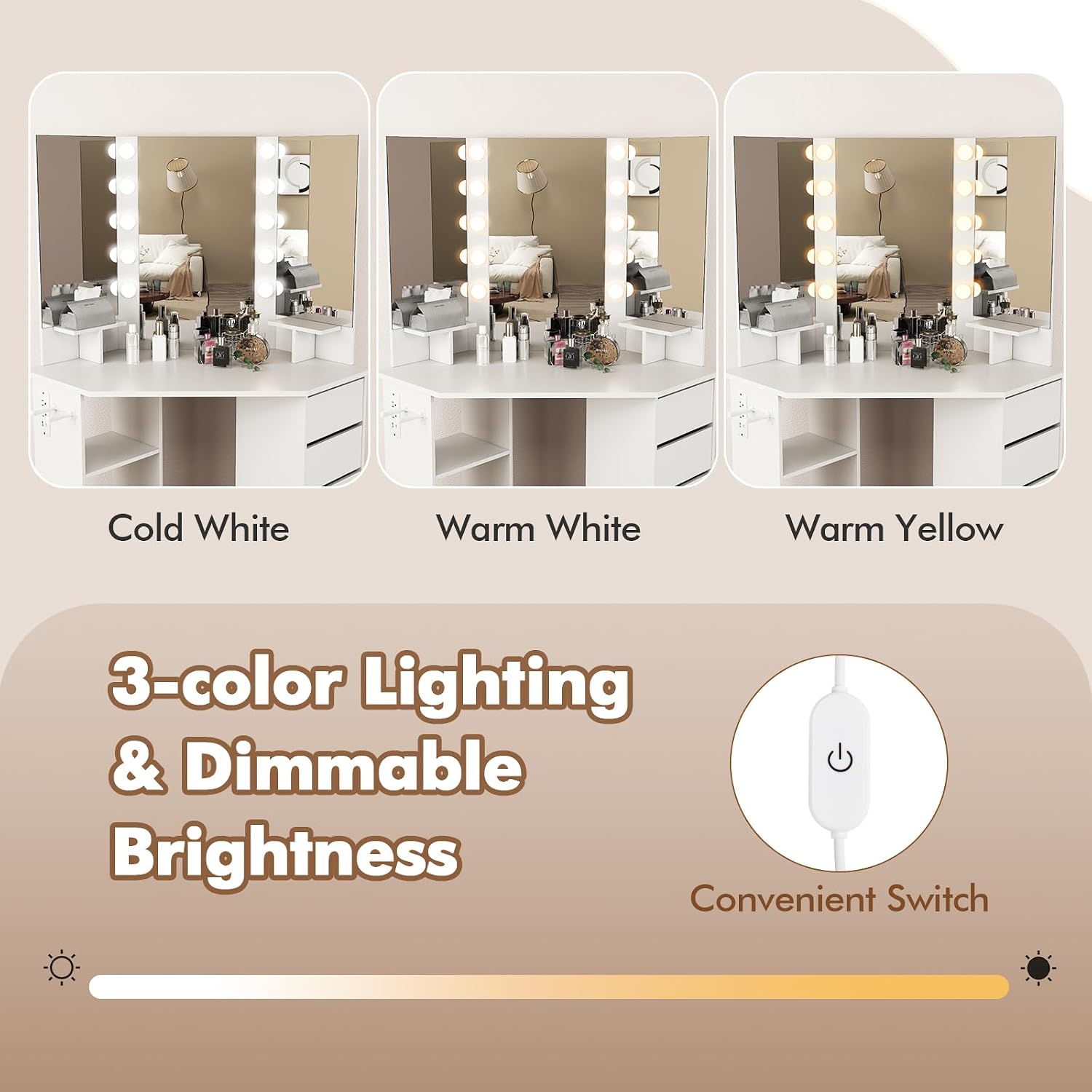 GOFLAME Corner Vanity with Mirror and Lights, Compact Vanity Table with Charging Station, 3 Lighting Modes, 5 Drawers, Dressing Table, Modern Makeup Vanity Desk with Triple Mirror for Bedroom (White)