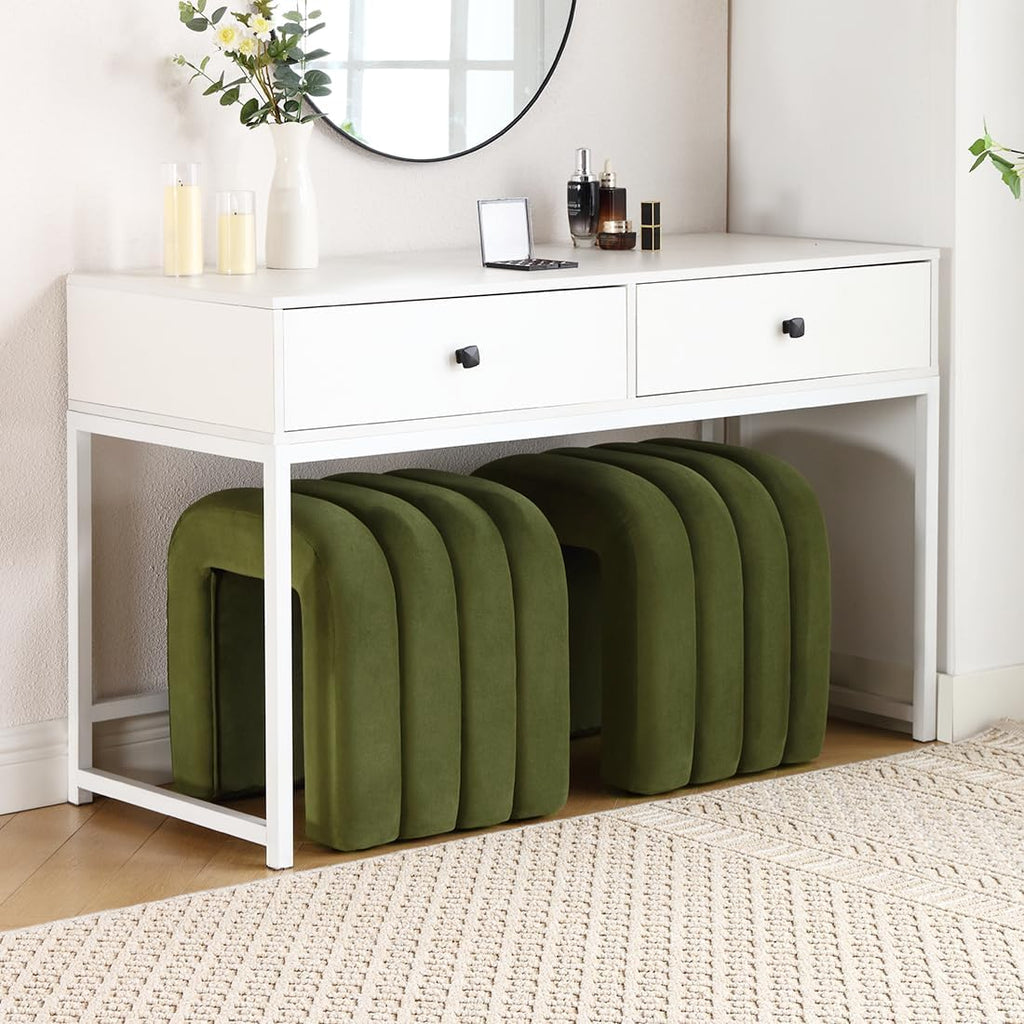 Flouki Ottoman Foot Stool with Channel Tufted, Small Ottoman Bench for Entryway, Modern Velvet Vanity Stool Chair, Upholstered Foot Rest Extra Seat for Living Room (Green, Set of 2)