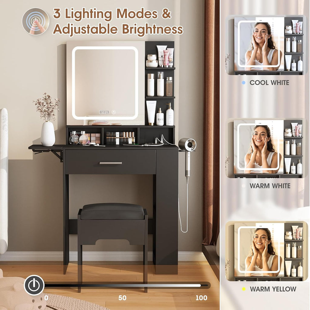 Fameill Vanity Desk with Mirror and Lights, Small Makeup Vanity with Drawer & Lots Storage Shelves, Black Dresser Table with Charging Station & Time Display, Vanity Set with Chair, for Bedroom