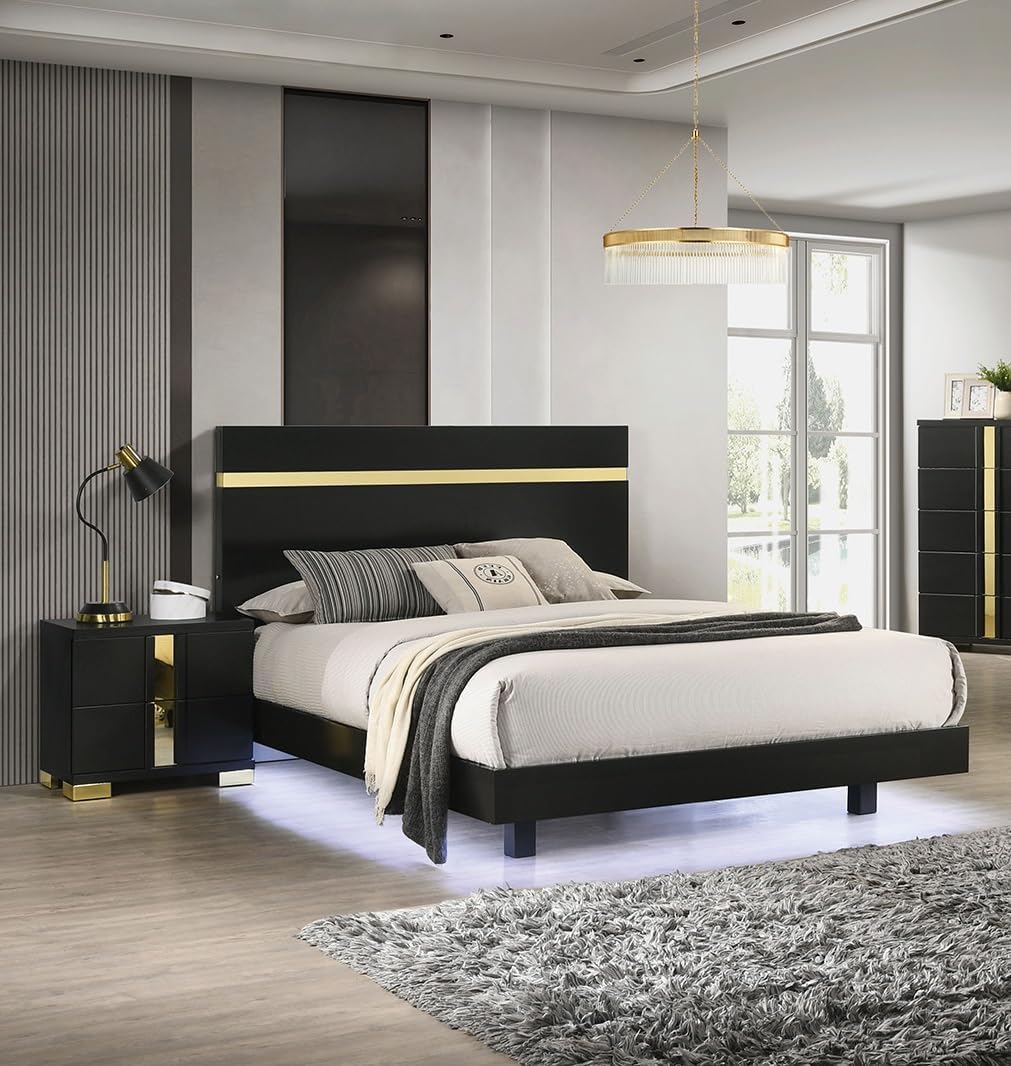 Black 3pc Bedroom Set King Size Bed w LED 2X Nightstands Mattress Ready Furniture Acrylic Trim
