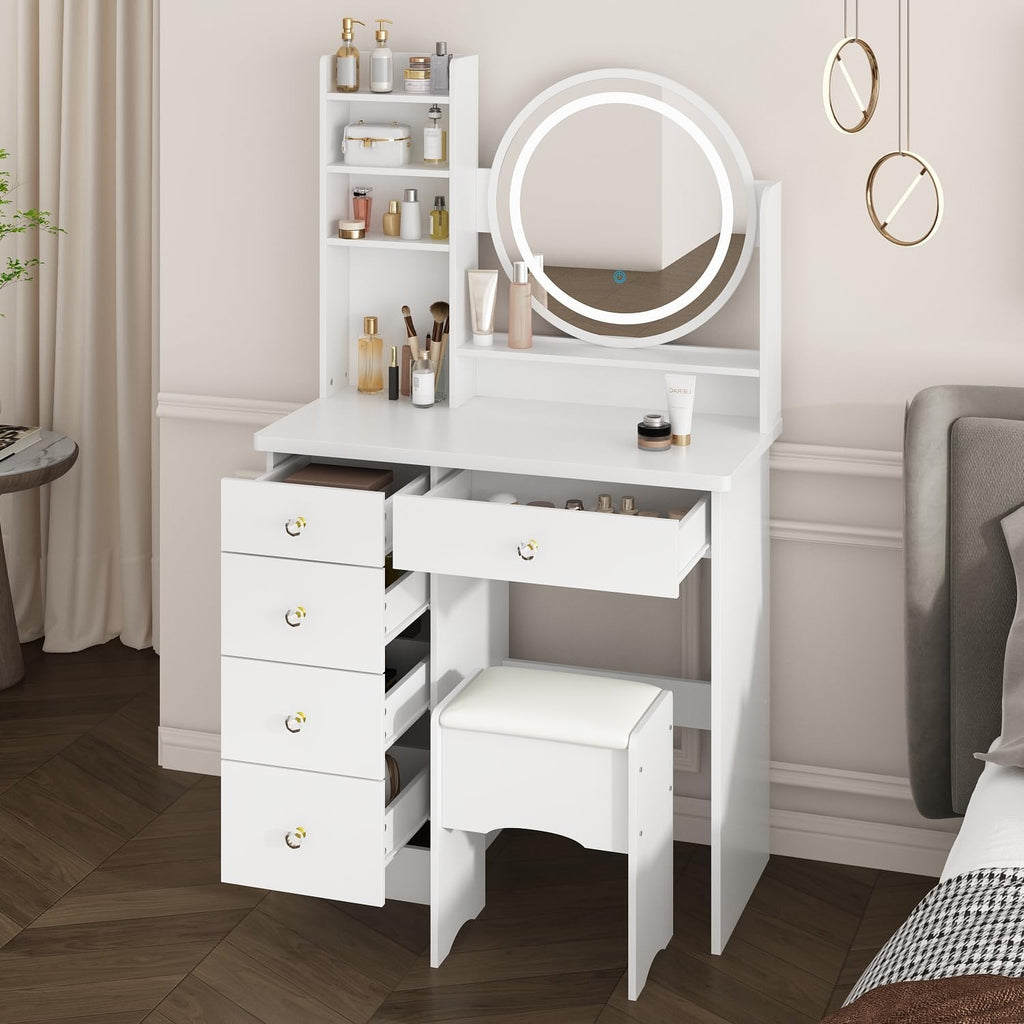 Vanity with Chair, Dressing Table with Lighted Round Mirror, 5 Drawers and Shelves, Makeup Vanity Set with Storage for Bedroom, Crystal Knobs, White, 15.7' D x 31.5' W x 53.1' H