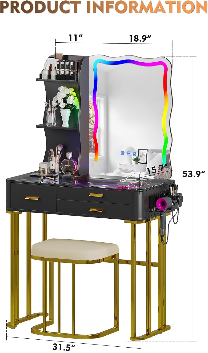 RGB Makeup Vanity Desk with Wireless Charging Station,7 Dynamic and 7 Static Dimmable Vanity Table with Visible Glass Top,Auto Sensor LED Make up Vanity with Mirror and Lights,Stool
