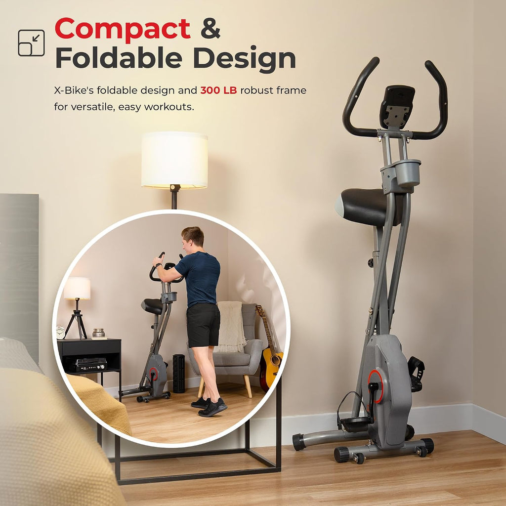 Sunny Health & Fitness Smart Folding X-Bike, Portable Compact Exercise Bike for Indoor Cycling Workout, Home Cardio Training Machine, Free SunnyFit App Bluetooth Connect