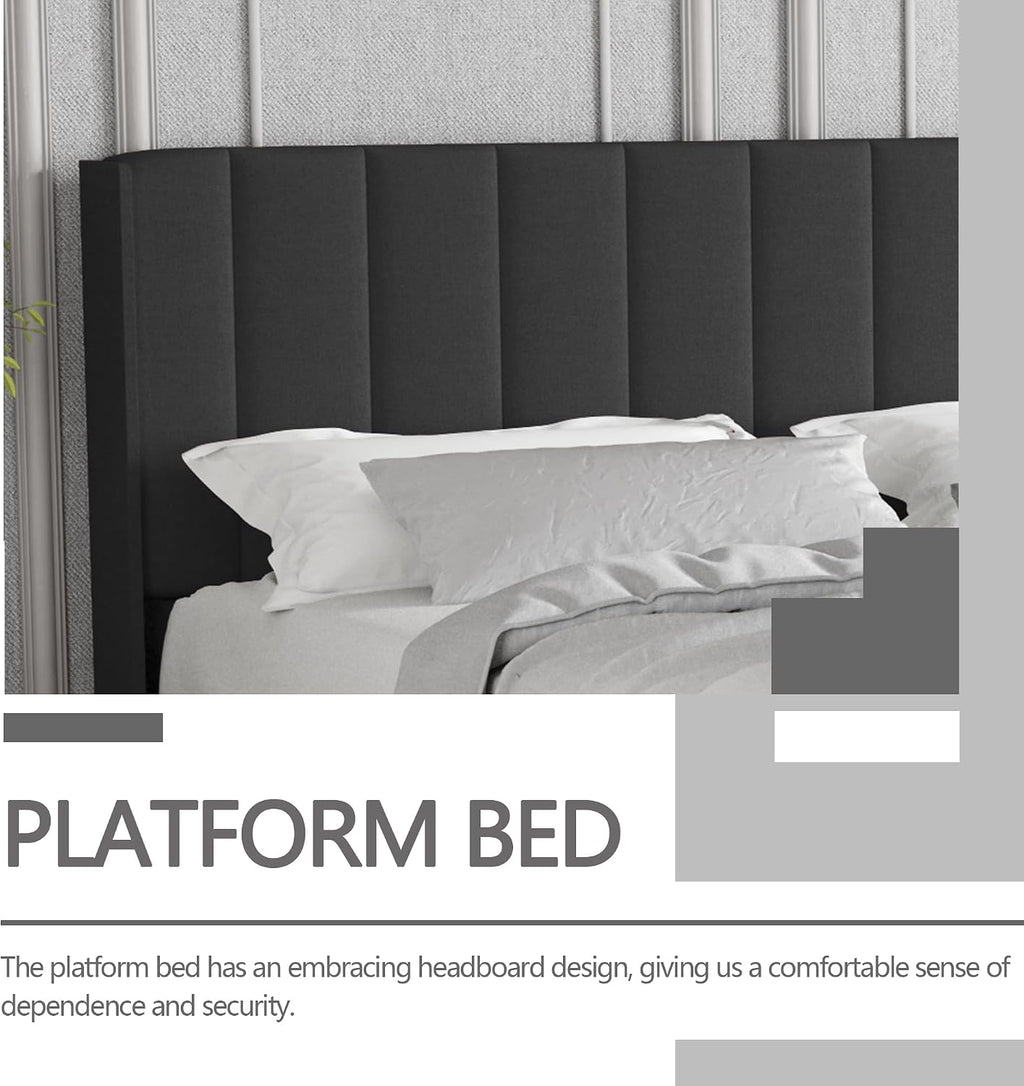 Twin Size Bed Frame with Headboard, Modern Upholstered Linen Platform Bed, Heavy Duty Wooden Slats Support, No Box Spring Needed, Noise-Free & Easy Assembly, Black
