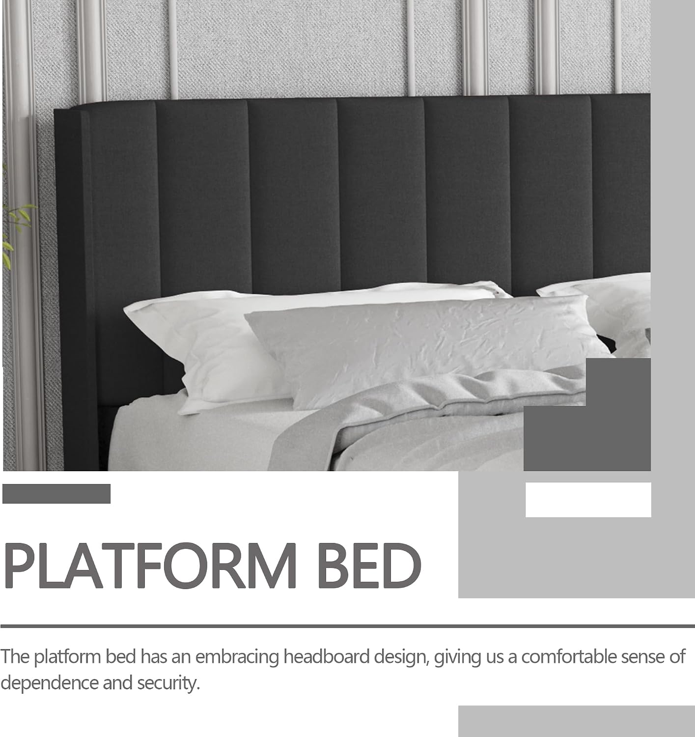 Twin Size Bed Frame with Headboard, Modern Upholstered Linen Platform Bed, Heavy Duty Wooden Slats Support, No Box Spring Needed, Noise-Free & Easy Assembly, Black