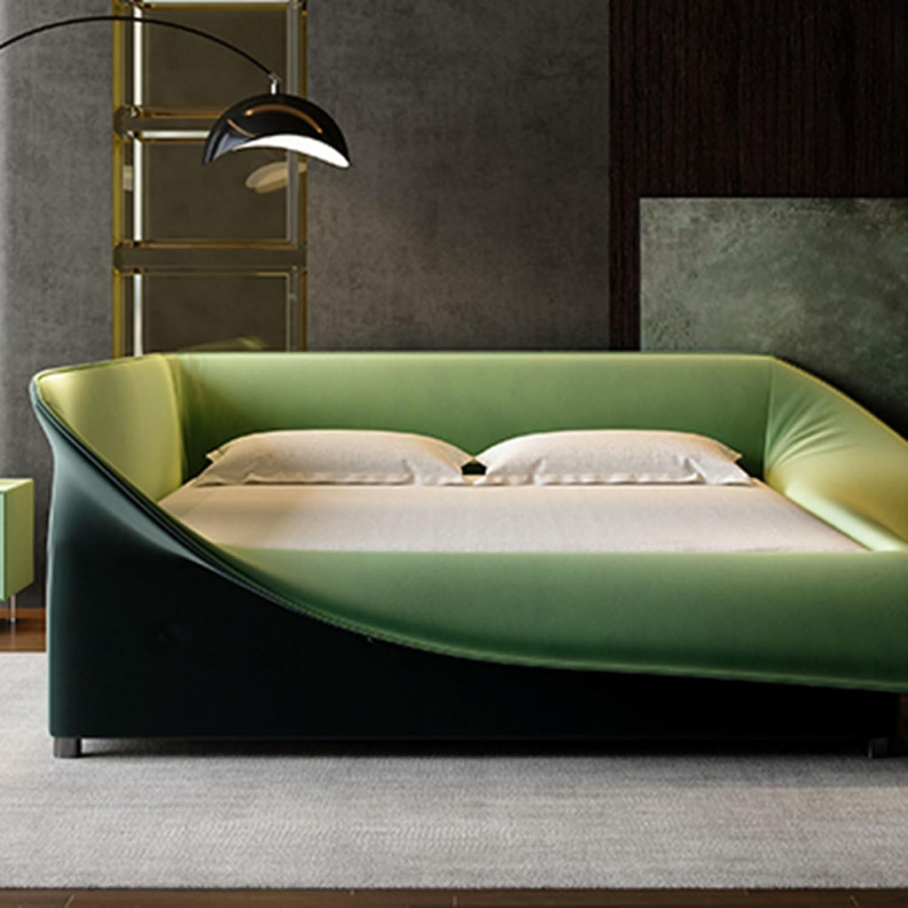 Elegant King Size Genuine Leather Bed Set Thick Padded Headboard Wooden Slats and Metal Frame Support, No Box Spring Needed Noise Free
