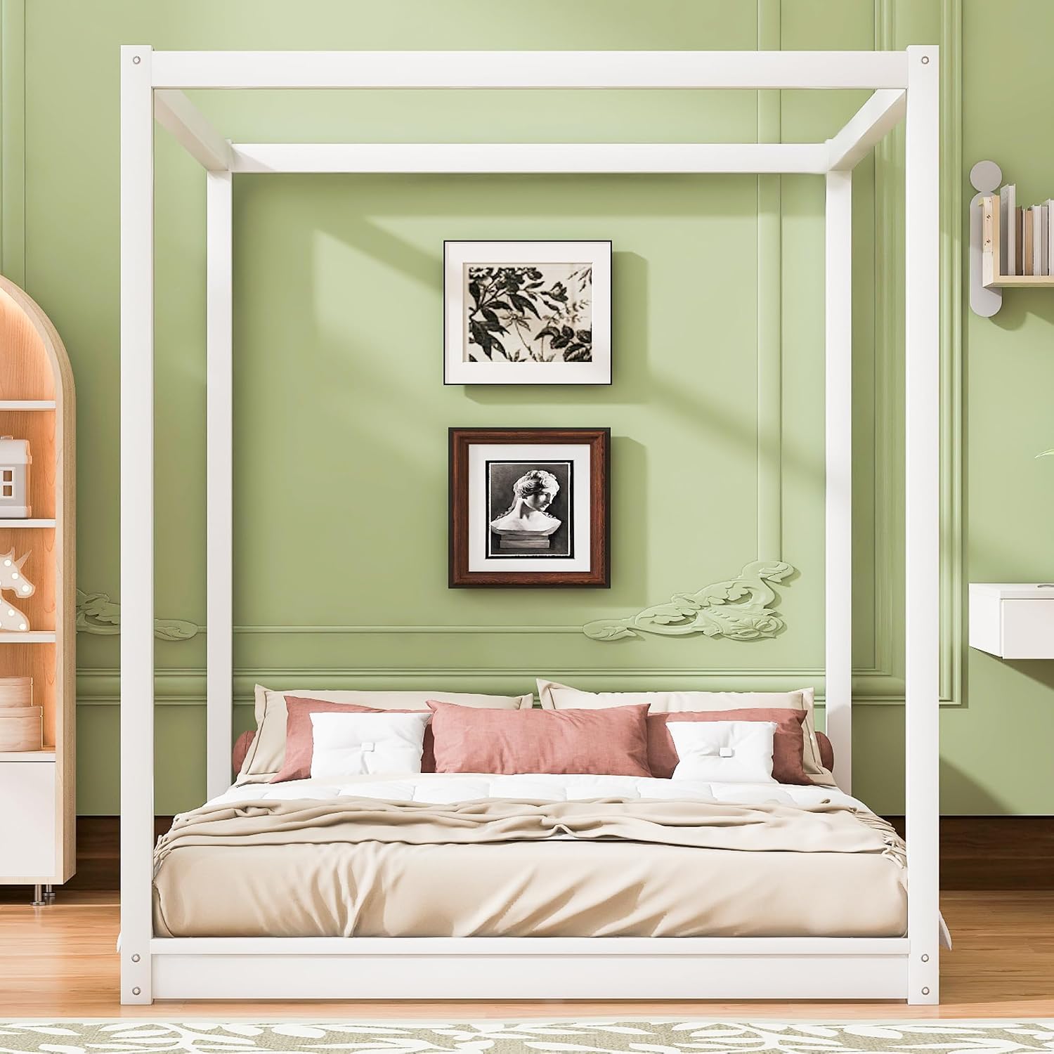 Merax Queen Size Canopy Bed with Support Legs, Queen Size/Mattress Foundation with Wood Slats, 4 Poster Platform Bed Canopy Bed, White