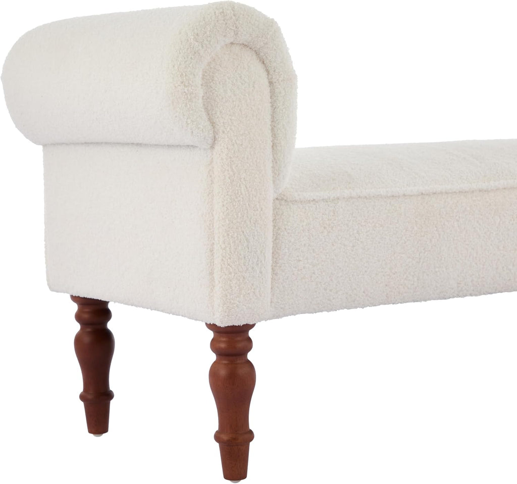 Merax 59' Upholstered Teddy Bench with Rolled Arms, End of Bed Bench with Cushion & Solid Wood Legs for Bedroom, Living Room, Entryway, White