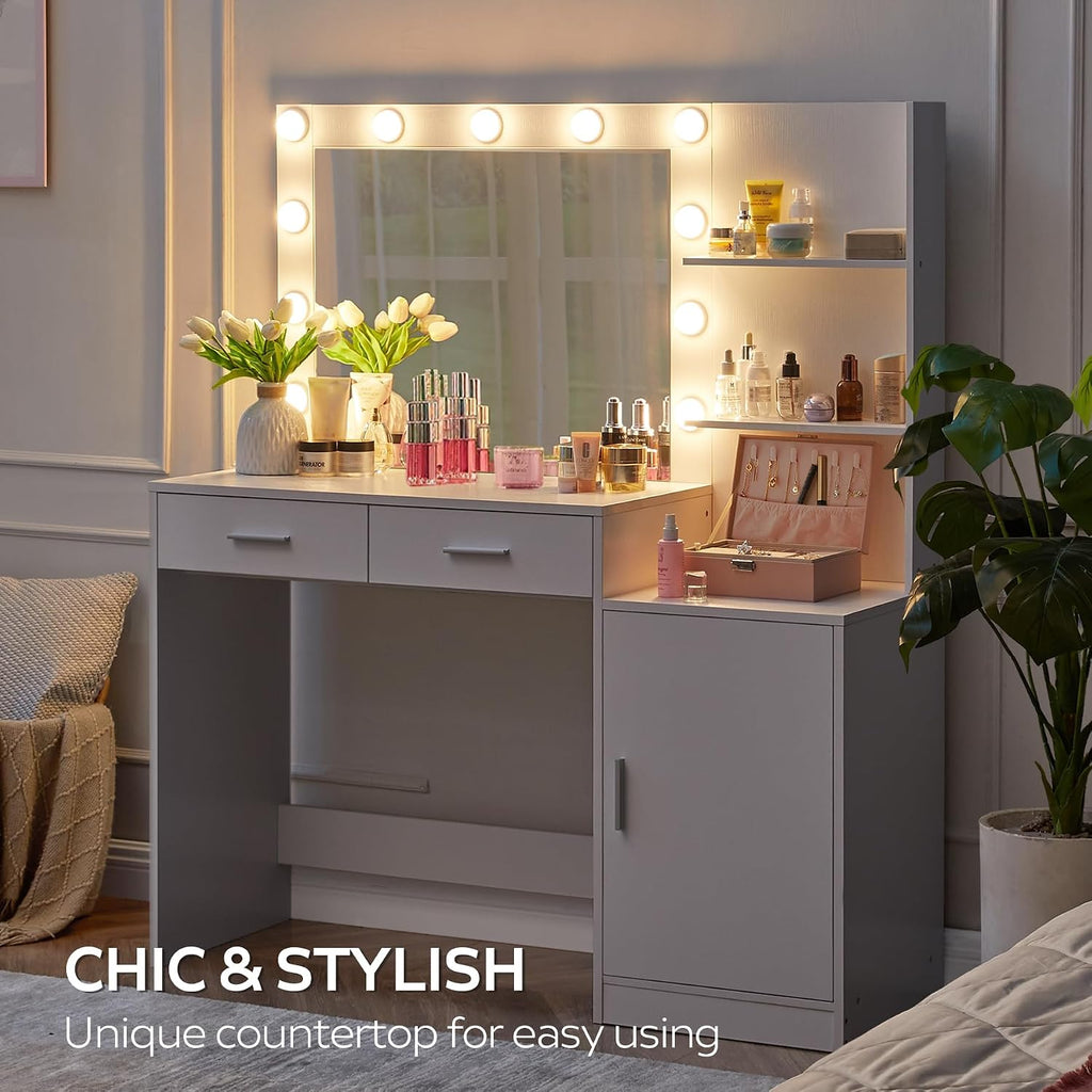 MIRROTOWEL 46.7' Vanity Desk with Mirror & LED Lights, Dressing Table with 2 Large Drawers & Vertical Organizer, 3-Tier Storage, 3 Adjustable Lighting Modes, Makeup Desk for Bedroom