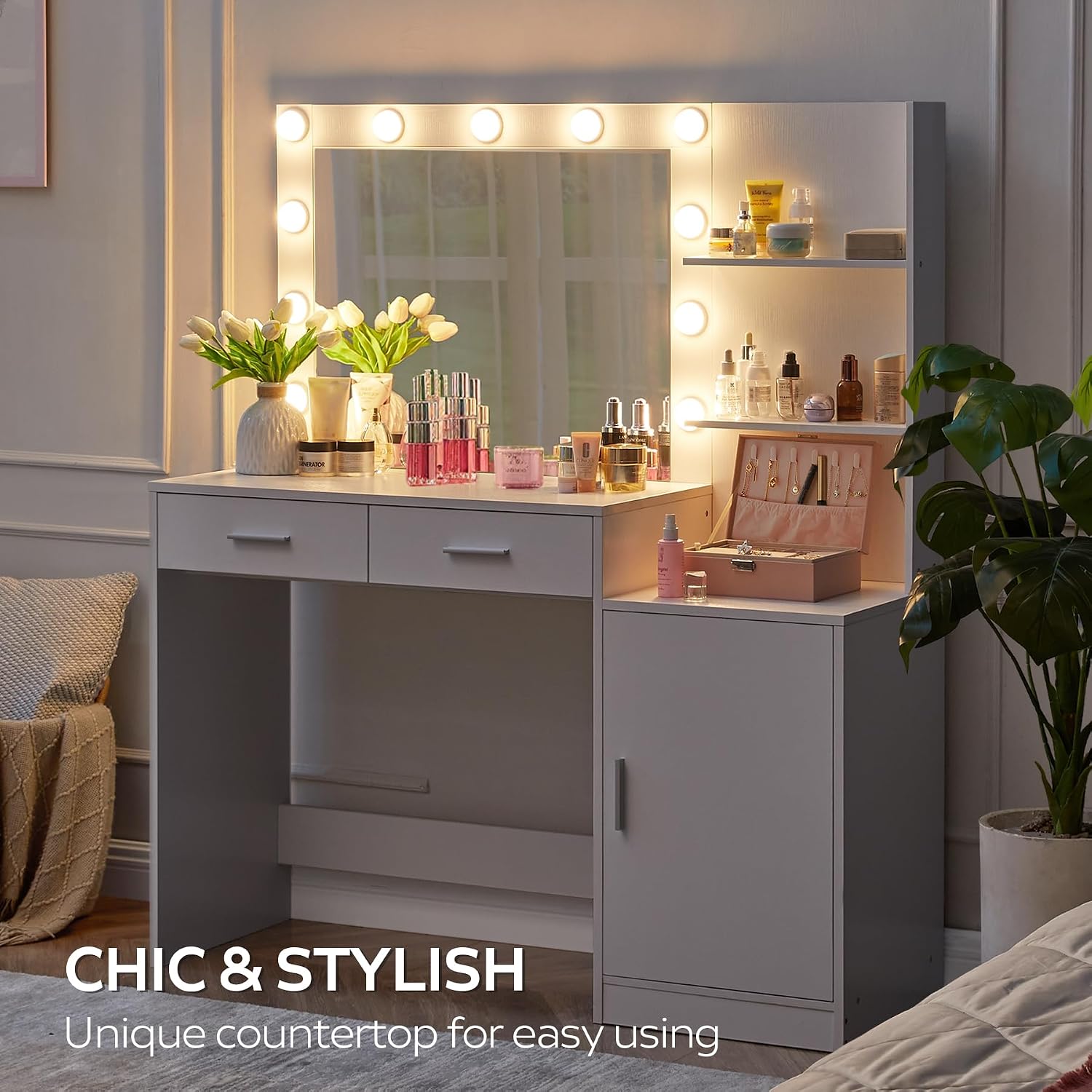 MIRROTOWEL 46.7' Vanity Desk with Mirror & LED Lights, Dressing Table with 2 Large Drawers & Vertical Organizer, 3-Tier Storage, 3 Adjustable Lighting Modes, Makeup Desk for Bedroom