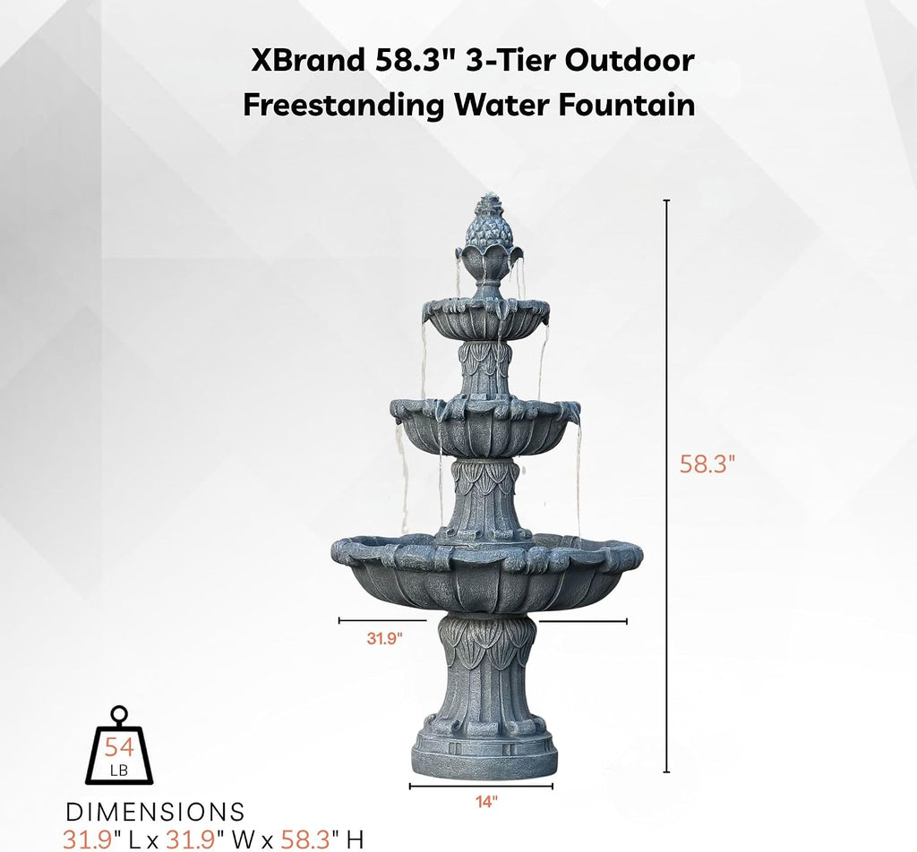 XBrand 58.3' 3-Tier Outdoor Freestanding Water Fountain - Classic Leaf Design, White Resin, Large Bird Bath with Pump - Ideal for Yard, Lawn and Garden, Porch Décor