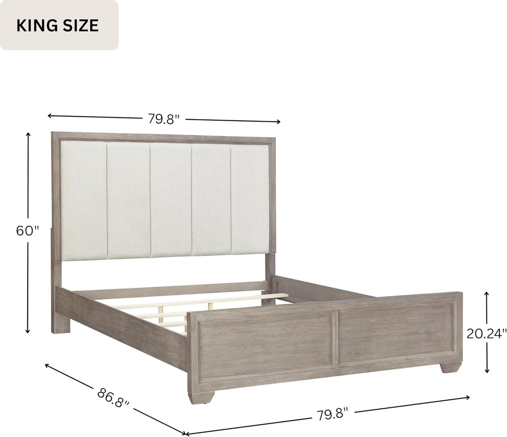Roundhill Furniture Ennesley 3-Piece Gray Wood Bedroom Set, Upholstered Bed and 2 Nightstands, King
