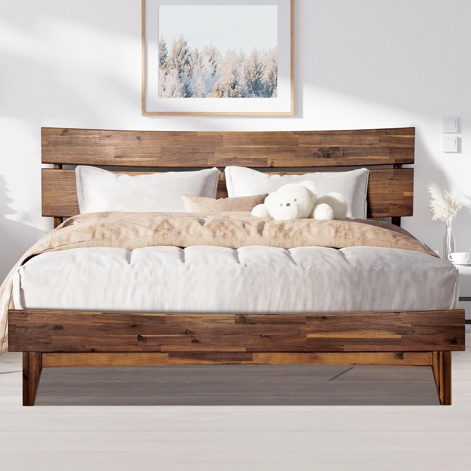 Acacia Aurora Bed Frame with Headboard Solid Wood Platform Bed, Bed Frame King, Scandinavian Signature Wood Bed Compatible with All Mattress Types, Non-Slip and Noise-Free, Chocolate