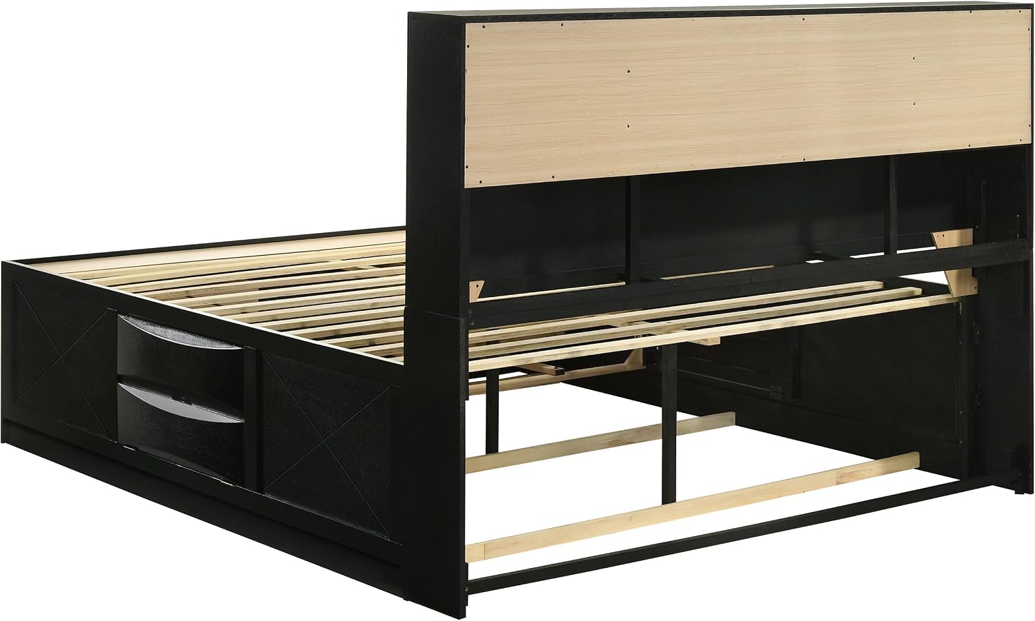King Storage Bed, Platform Bed, Bookcase Headboard, Black Wood, 4 Footboard Drawers, Right Side Drop Down Door, No Foundation Required, Eastern King Bed Frame