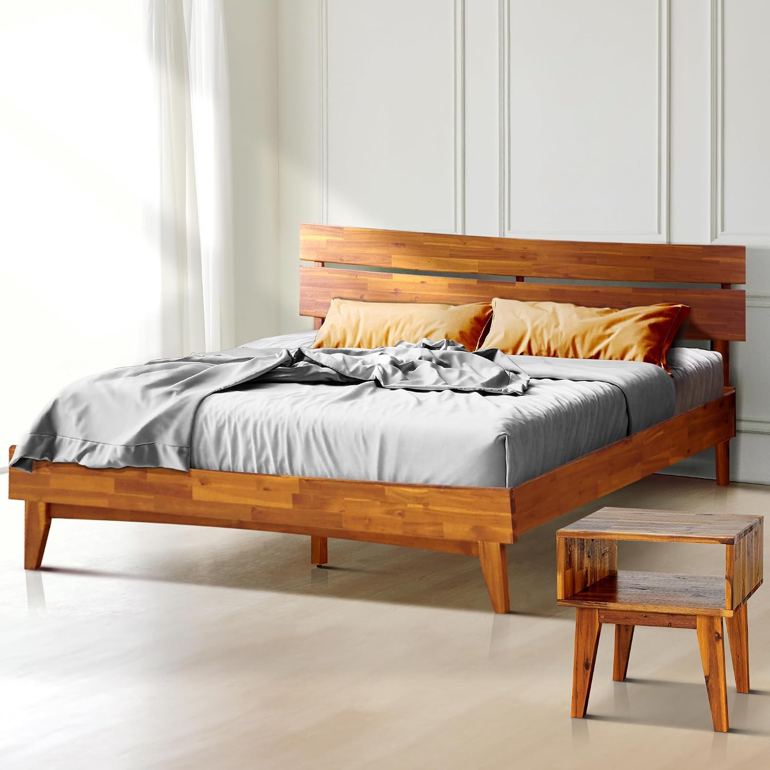Acacia Aurora King Bed Frame with Headboard & Serena Nightstand Set – Solid Wood Platform Bed & Bedside Table, Caramel Finish