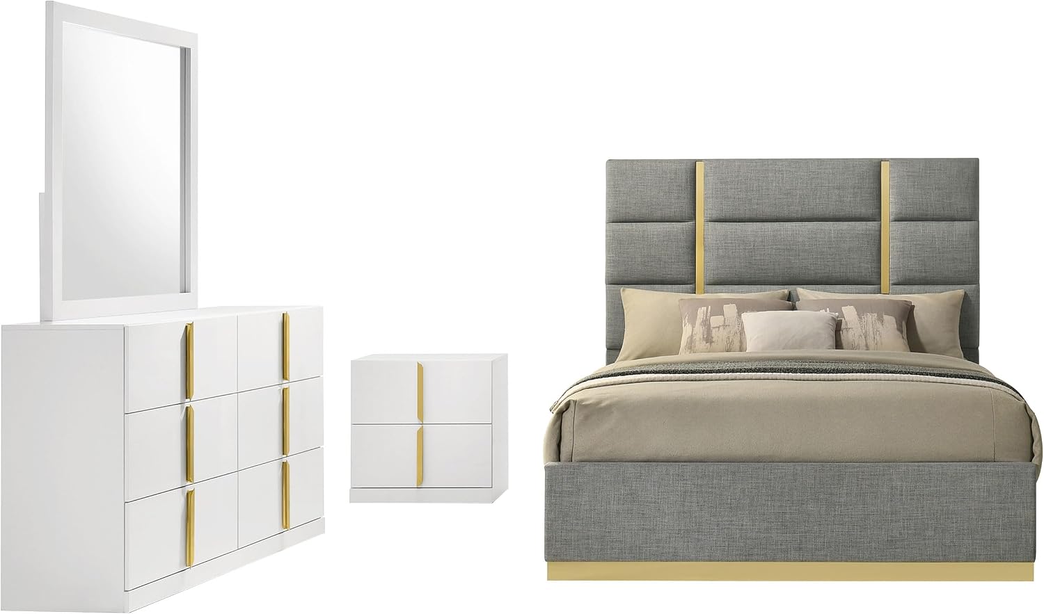 Coaster Home Furnishings - INES - Wood - 4-Piece Bedroom Set with Upholstered Bed and Flat Drawer Fronts - Bedroom - Queen Size - White High Gloss and Grey - 223091GRYQ-S4