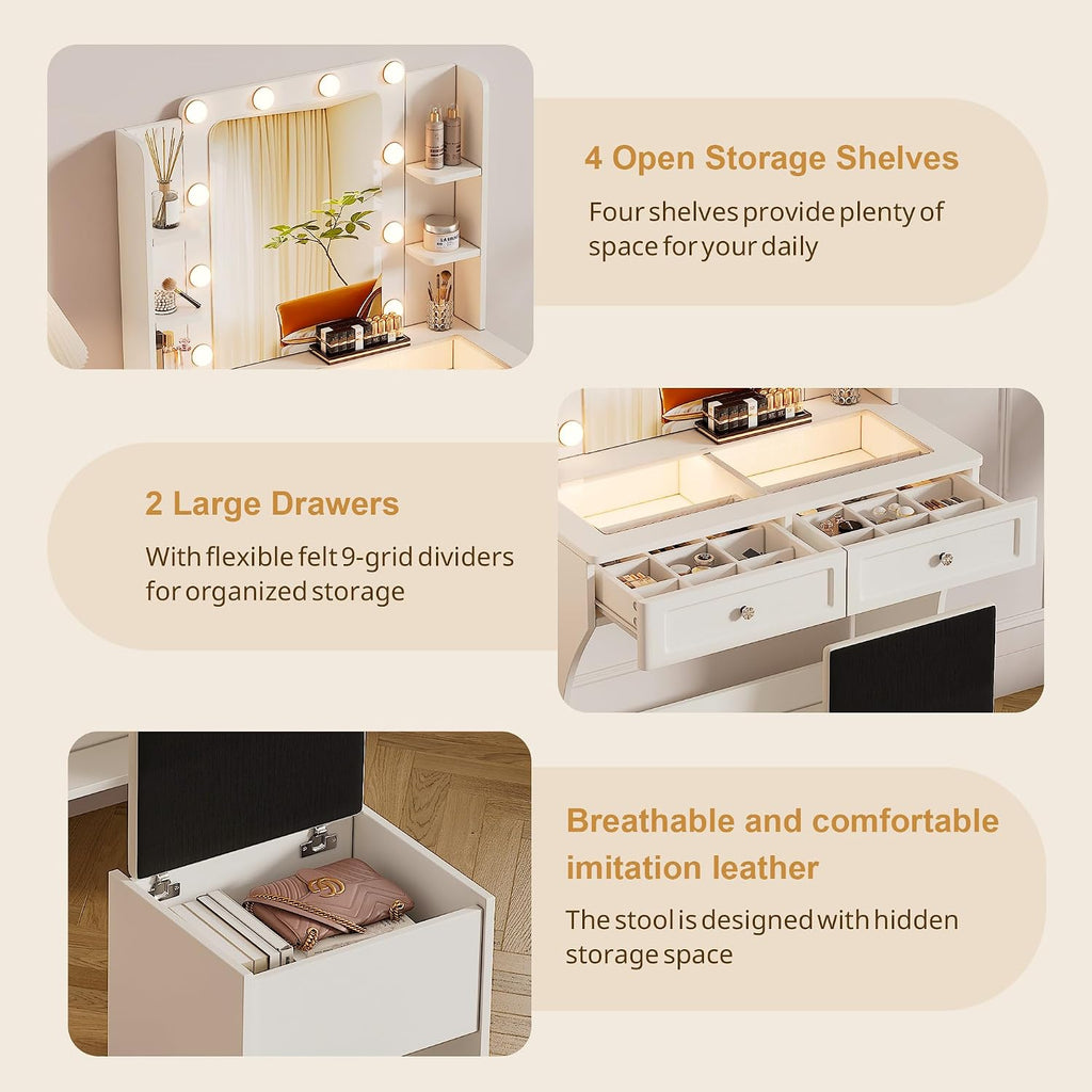 KDCAS Vanity Desk with Mirror and Lights | 31.5' Modern Glass Top Makeup Vanity Set with 2 Drawers & Hidden Storage Stool | Small Space Dressing Table for Bedroom(White)