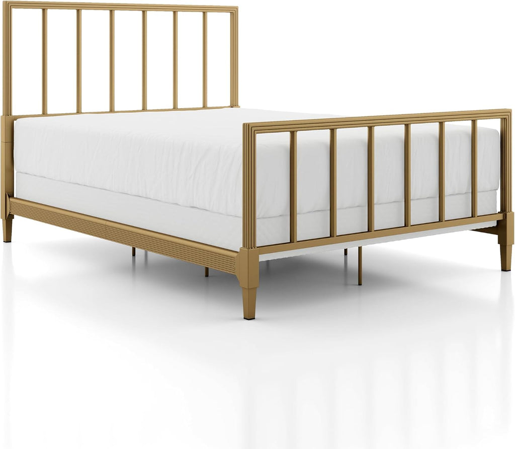 Furniture of America Blair Modern Metal Full Size Bed Frame with Subtle Reeded Lines, Sturdy Bedframe for Bedroom, Guest Room, Box Spring Required, Gold