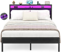 Homieasy Full Size Bed Frame with Headboard, Industrial Metal Full Bed Frame with Charging Station & LED Lights, Noise-Free Platform Bed, No Box Spring Needed, Black