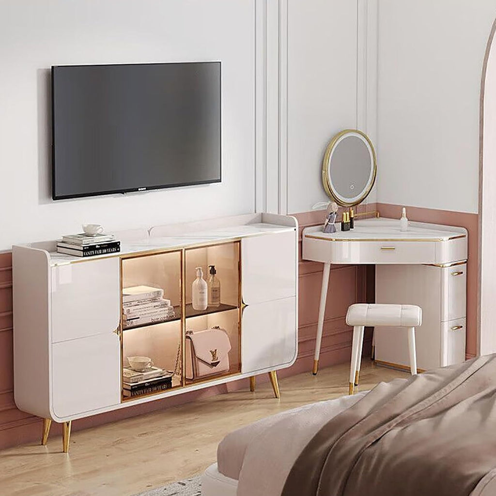 UPGENT Corner Dressing Table with Lighted Mirror, Vanity Makeup Table with Drawers, Cabinet and Cushioned Stool, Girls Vanity Desk for Bathroom, Bedroom (White) (Size : 80CM)