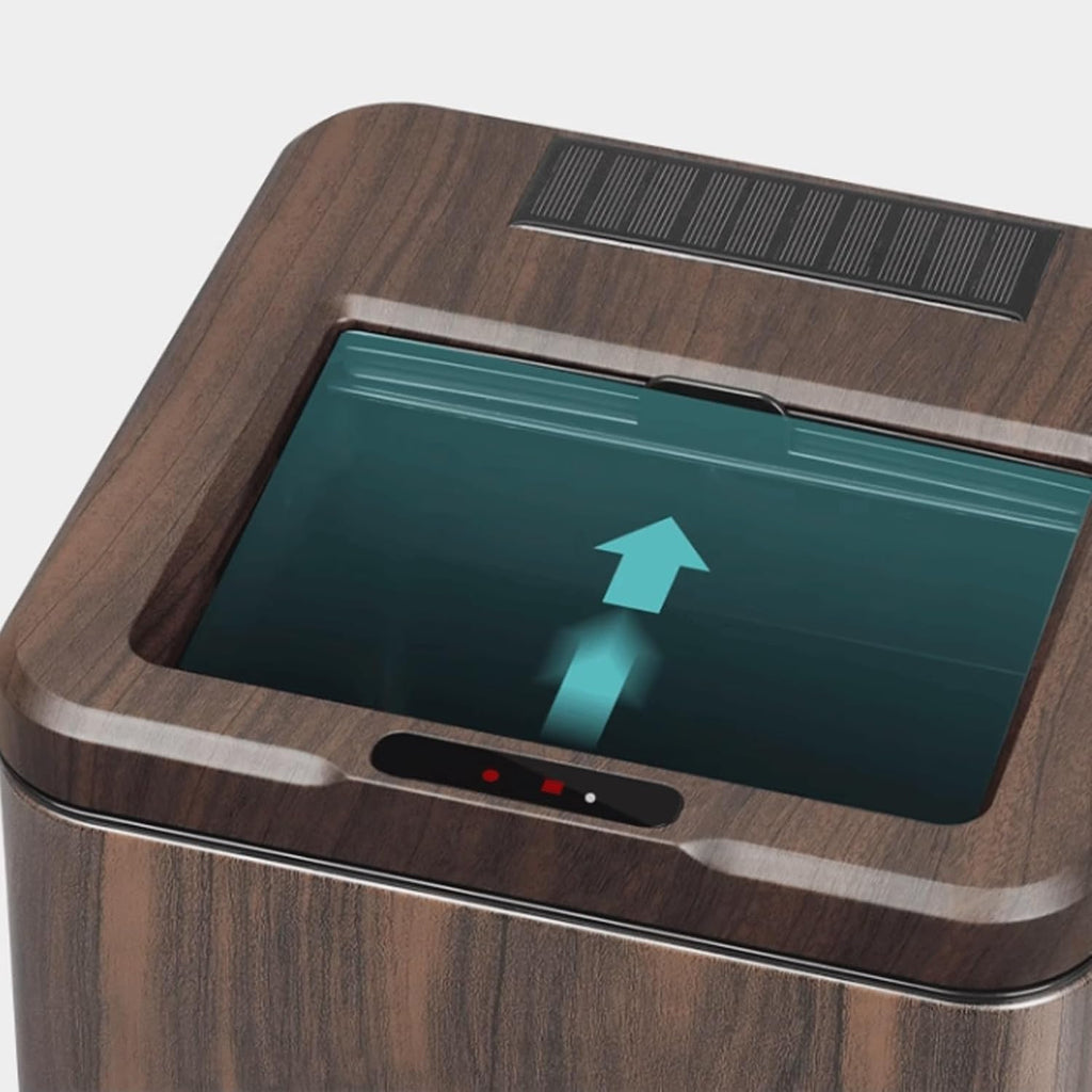 Rechargeable Smart Sensor Trash Can Electric Wood Grain with Lid 12L Capacity Ebony Finish Ideal for Home Kitchen and Bathroom
