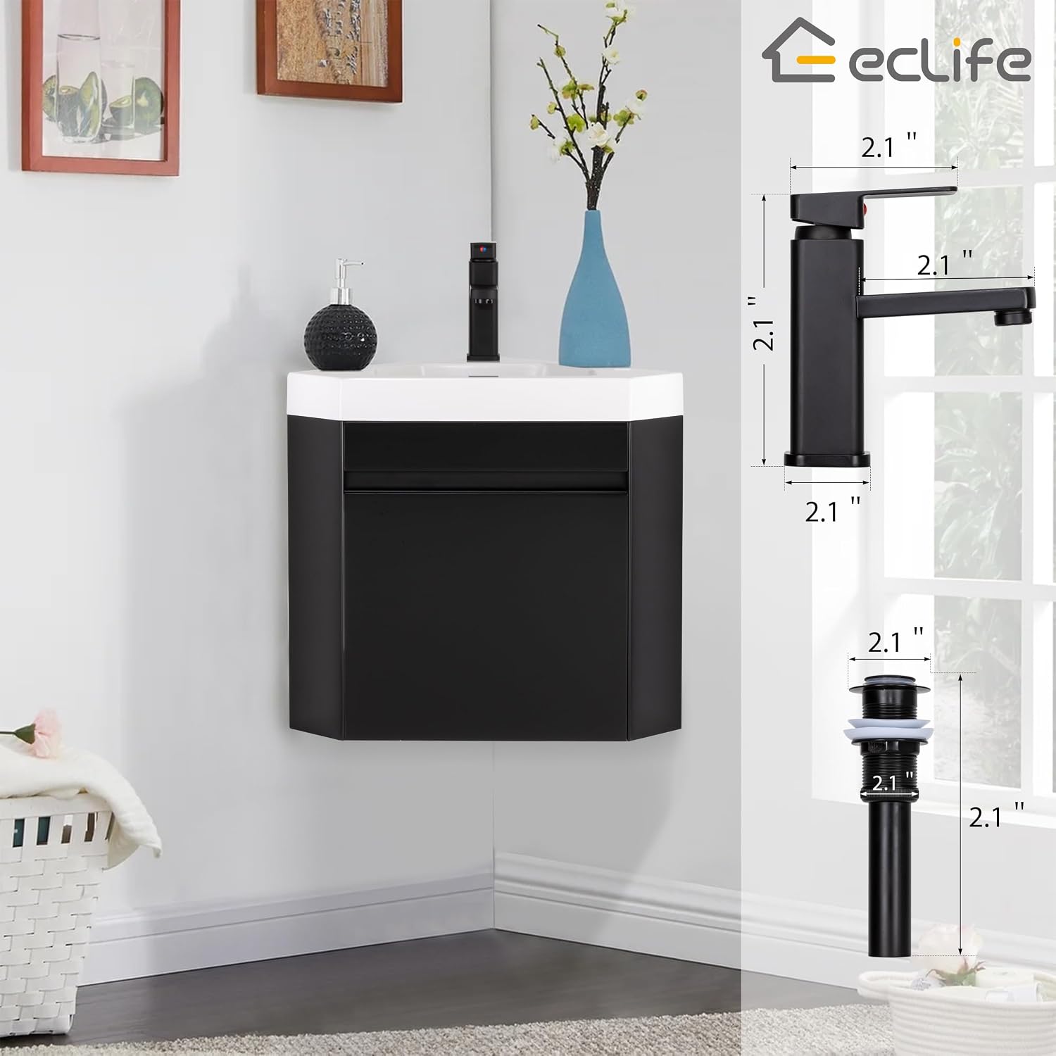 eclife 22' Corner Bathroom Vanity Sink Combo for Small Space Wall Mounted Floating Cabinet with White Resin Sink and Matte Black Faucet, Black