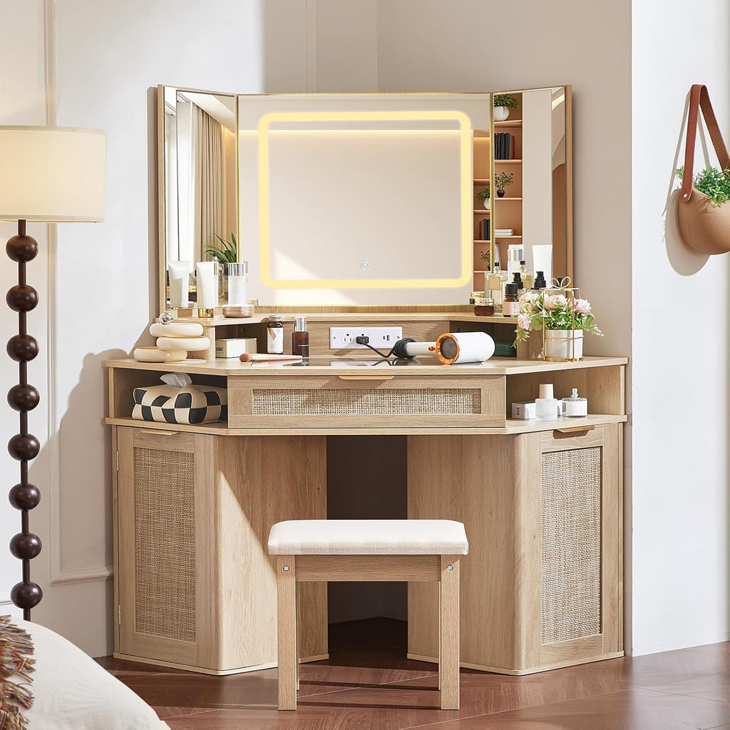 Lerliuo LEYAOYAO Fluted Makeup Vanity Desk with Mirror and Lights, 43.5'' Blue Vanity Table with Glass Top and Power Outlet, Make Up Vanity with 6 Drawers and Adjustable Shelves for Bedroom