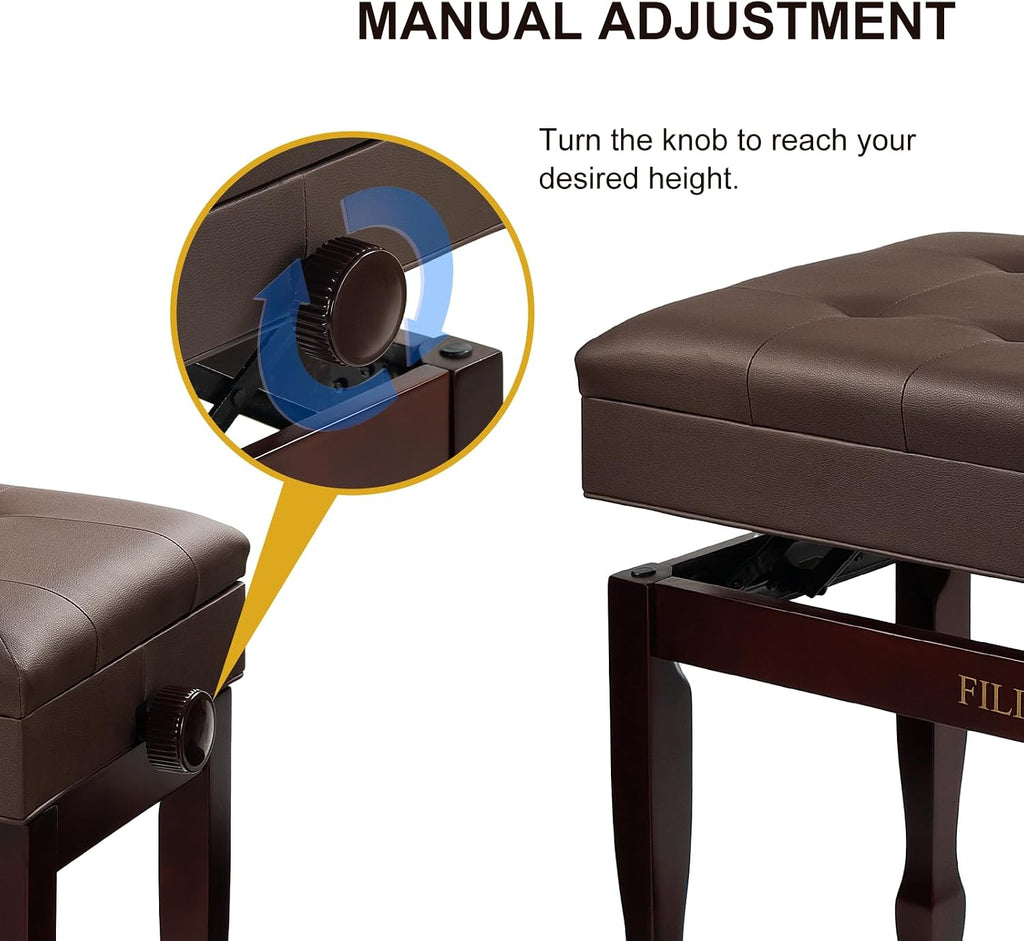 Adjustable Height Piano Bench with Storage, Solid Wood Duet Keyboard Stool, Waterproof Padded Seat Cushion, Multi-Use Bench for Piano, Vanity, Living Room, Bedroom XJ750-4(Brown)