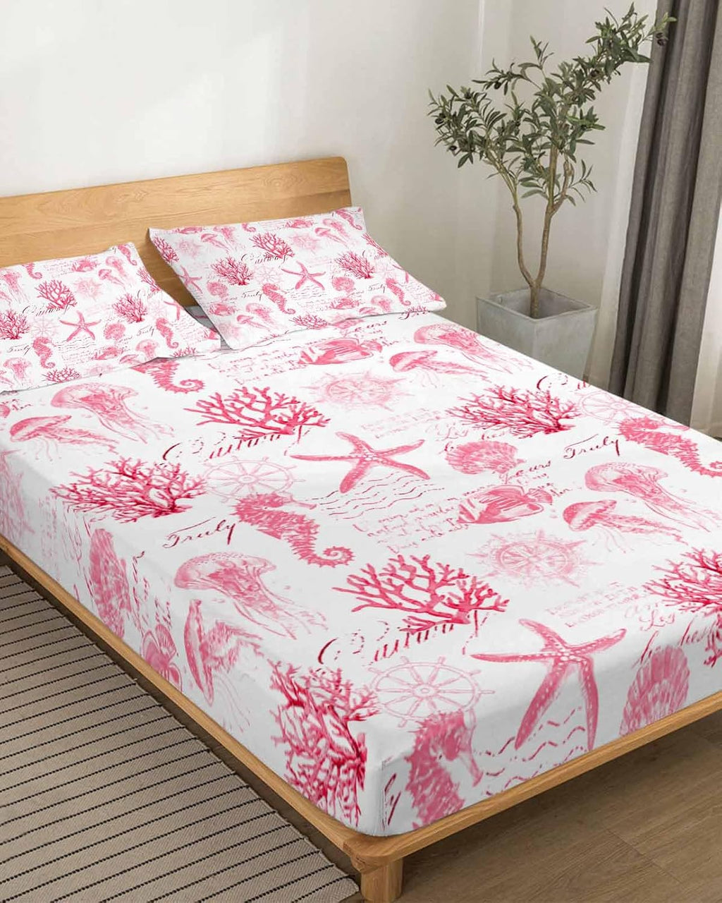 Pink Ocean Coastal Cal King Sheet Set 4 Piece Bedding - Nautical Starfish Jellyfish Coral Breathable Comfy Cooling Bed Sheets & Pillowcase Sets,Hotel Luxury Flat Sheets Deep Pockets Fitted Sheet