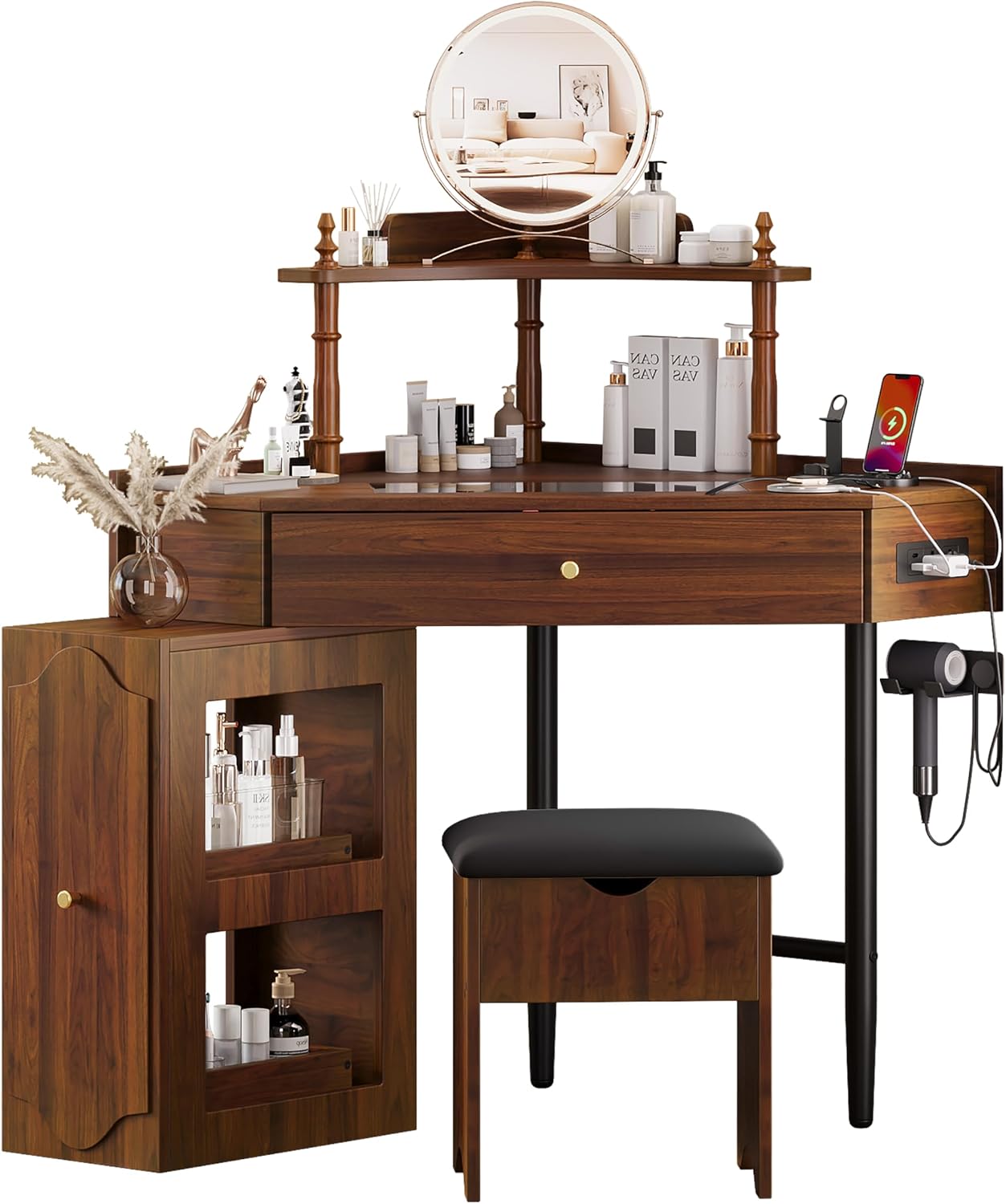 Corner Vanity Desk Set with Storage Cushioned Stool and Charging Station, Triangle Makeup Desk with Removable Pull Out Side Cabinet, Glass Tabletop Makeup Vanity Desk with Drawer and Shelf, Walnut
