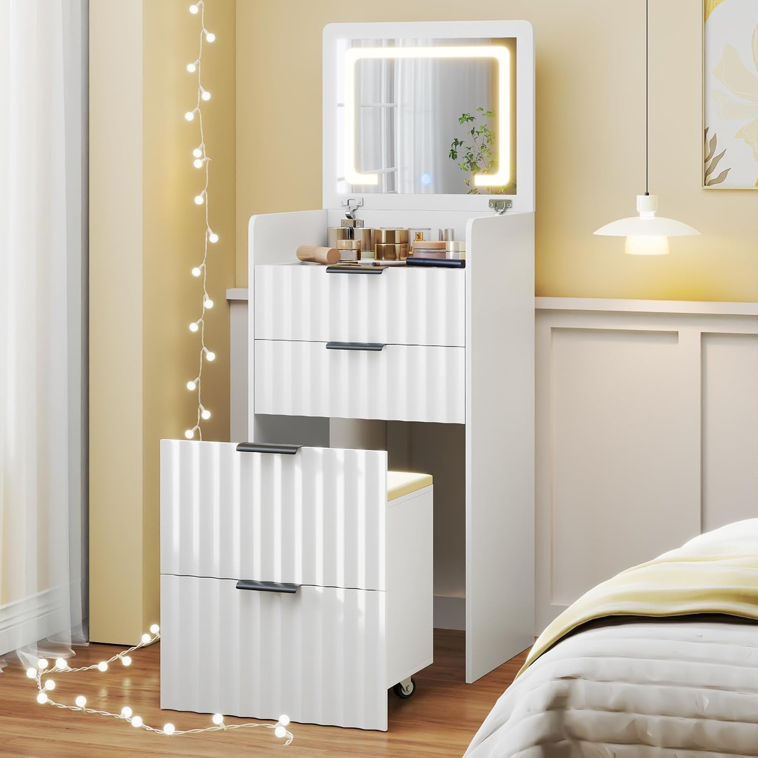 3-in-1 Small Vanity Desk with Flip Top Mirror and Lights,Fluted Compact Makeup Vanity with Storage Stool and Drawers,Mini Vanity Table Set for Bedroom Furniture,White