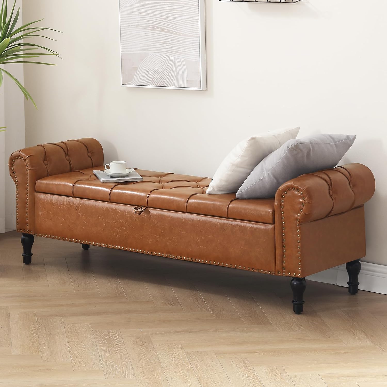 Faux Leather Storage Bench for Bed Room 67 Inch Upholstered Tufted Ottoman Bench with Arms King Size Large Storage Space End of Bed Benches for Bedroom Living Room Entryway Brown