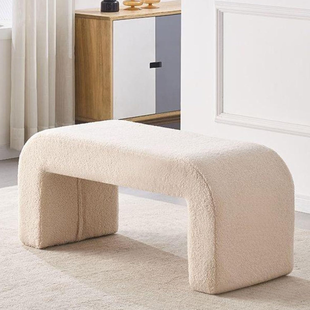 Beige,Small, Fuzzy Sherpa Upholstered Ottoman Bench, Ottoman Bench End of Bed, Modern Upholstered Bench, Modern Fabric Arched Bench, Vanity Bench Stools for Living Room Bedroom Entryway