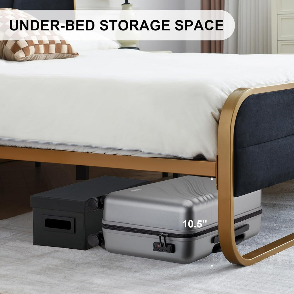 VELOCAVA Rounded Metal Upholstered Bed King with Unique Headboard, Soft Velvet Platform Bed Storage Supported by Metal Base and Wooden Slats, No Box Spring Needed,Gold & Black