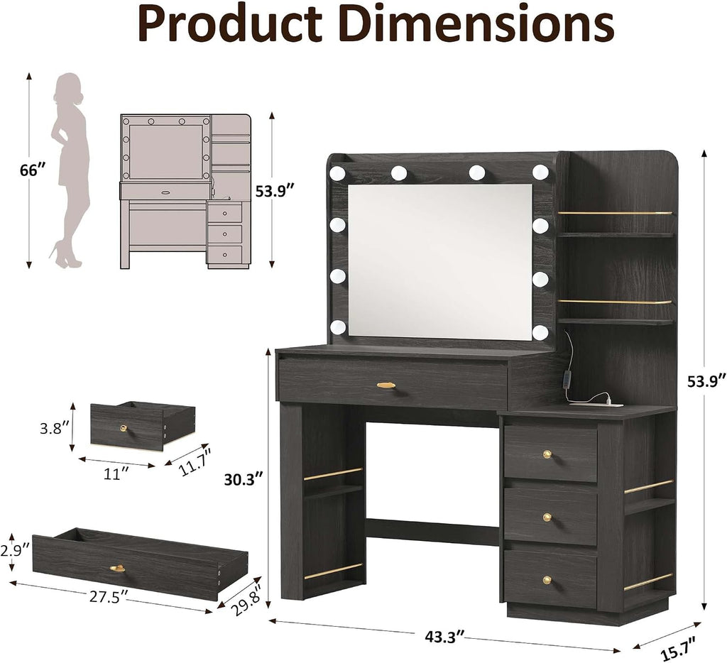 Makeup Vanity Desk with Mirror and 3 Colors Lights, Vanity Table with 10 LED Bulbs & Power Outlet, Large Dressing Table with 4 Drawers, 6 Storage Shelves for Bedroom, Women and Girls, Black
