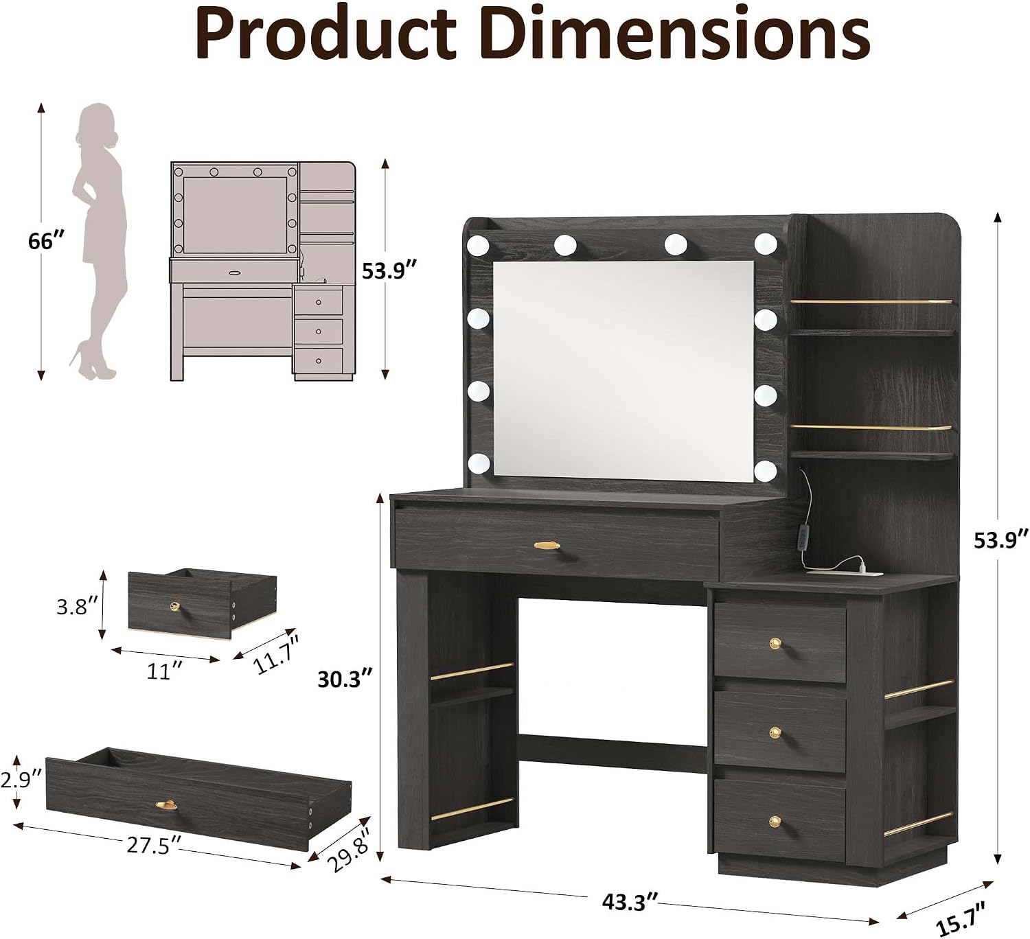 Makeup Vanity Desk with Mirror and 3 Colors Lights, Vanity Table with 10 LED Bulbs & Power Outlet, Large Dressing Table with 4 Drawers, 6 Storage Shelves for Bedroom, Women and Girls, Black